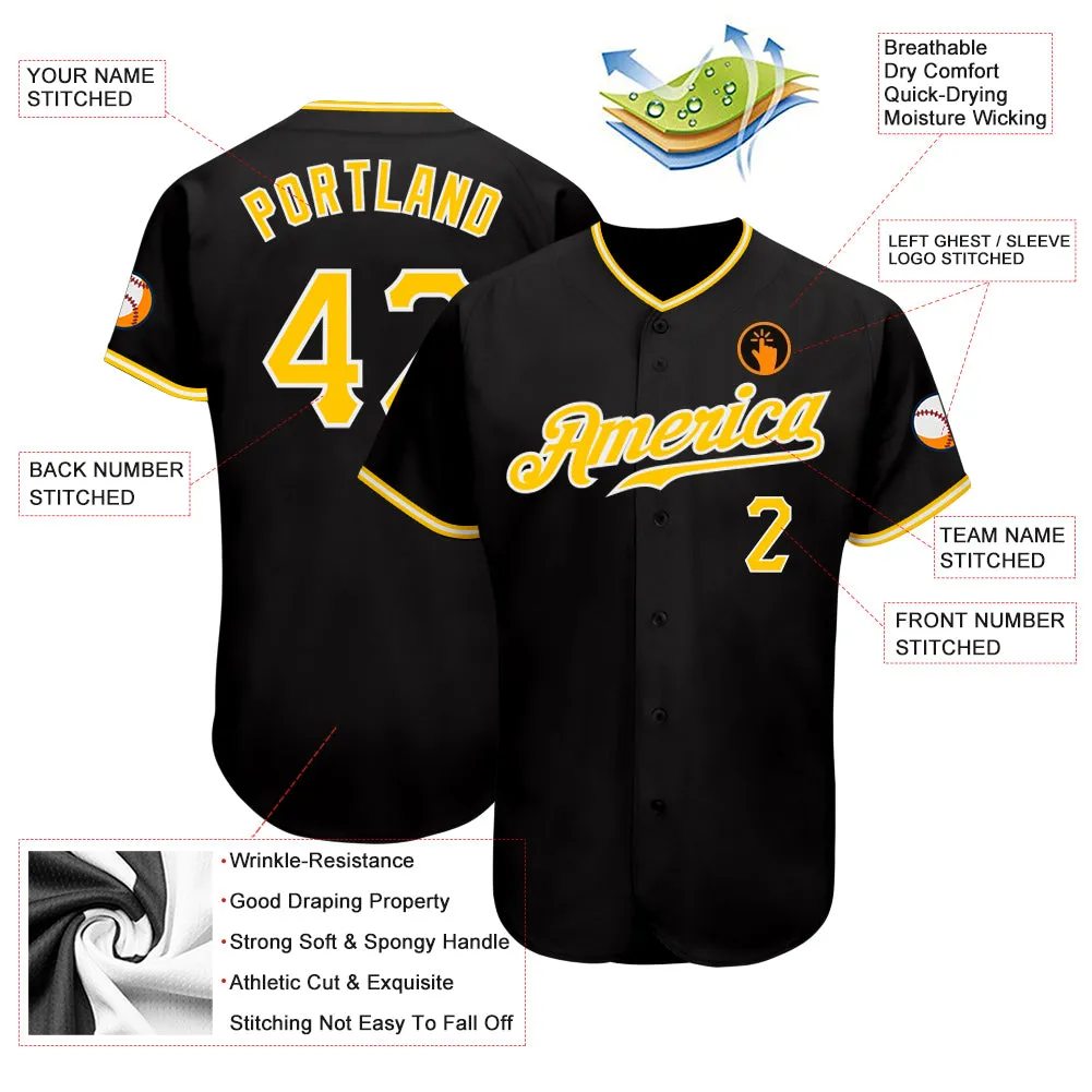 Custom Black Gold-White Authentic Baseball Jersey