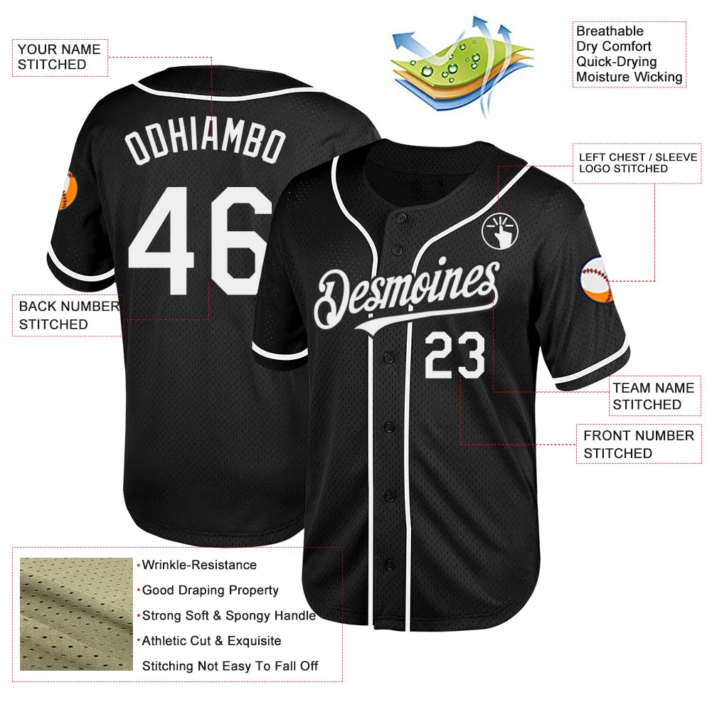 Custom Black White Mesh Authentic Throwback Baseball Jersey