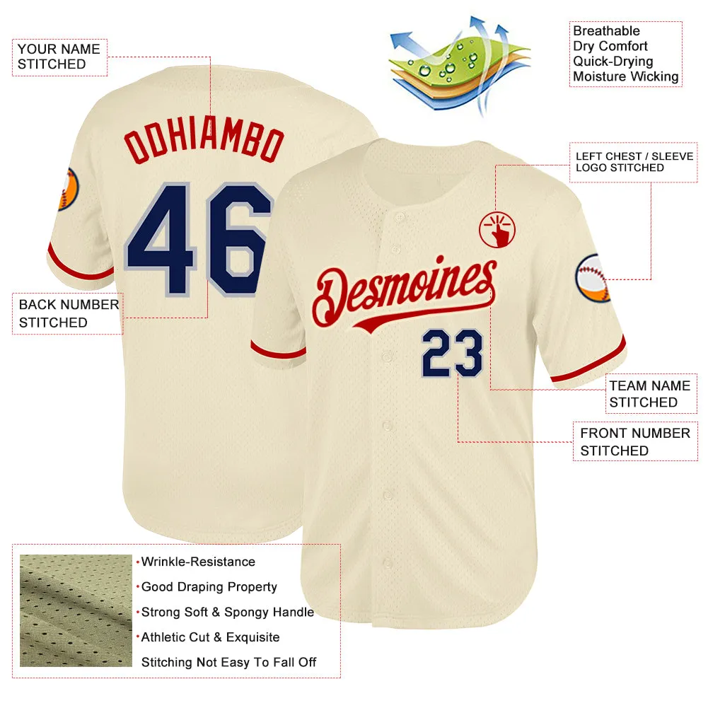 Custom Cream Navy Red-Gray Mesh Authentic Throwback Baseball Jersey