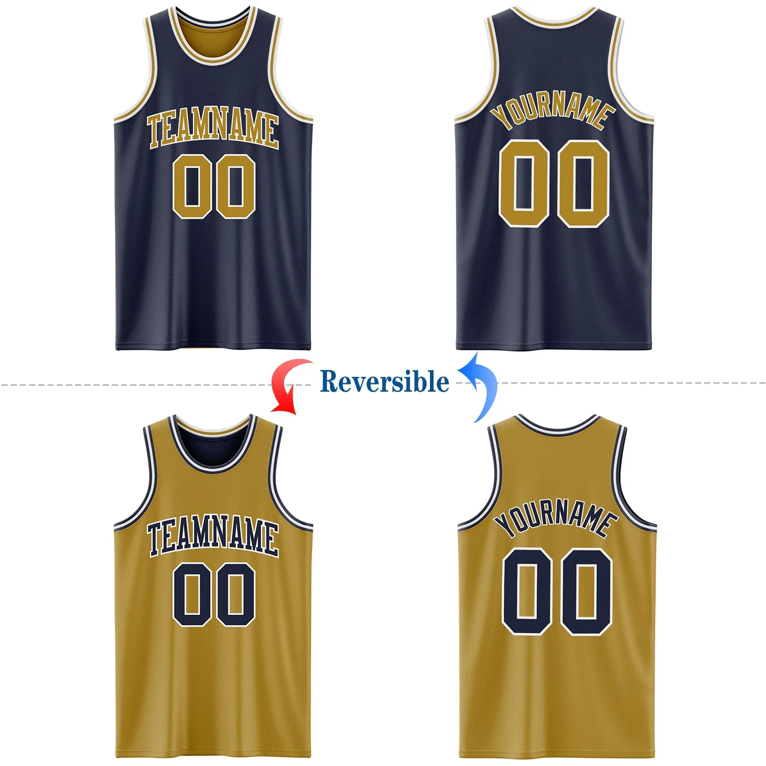 Custom Navy Old Gold-White Reversible Double Side Basketball Jersey