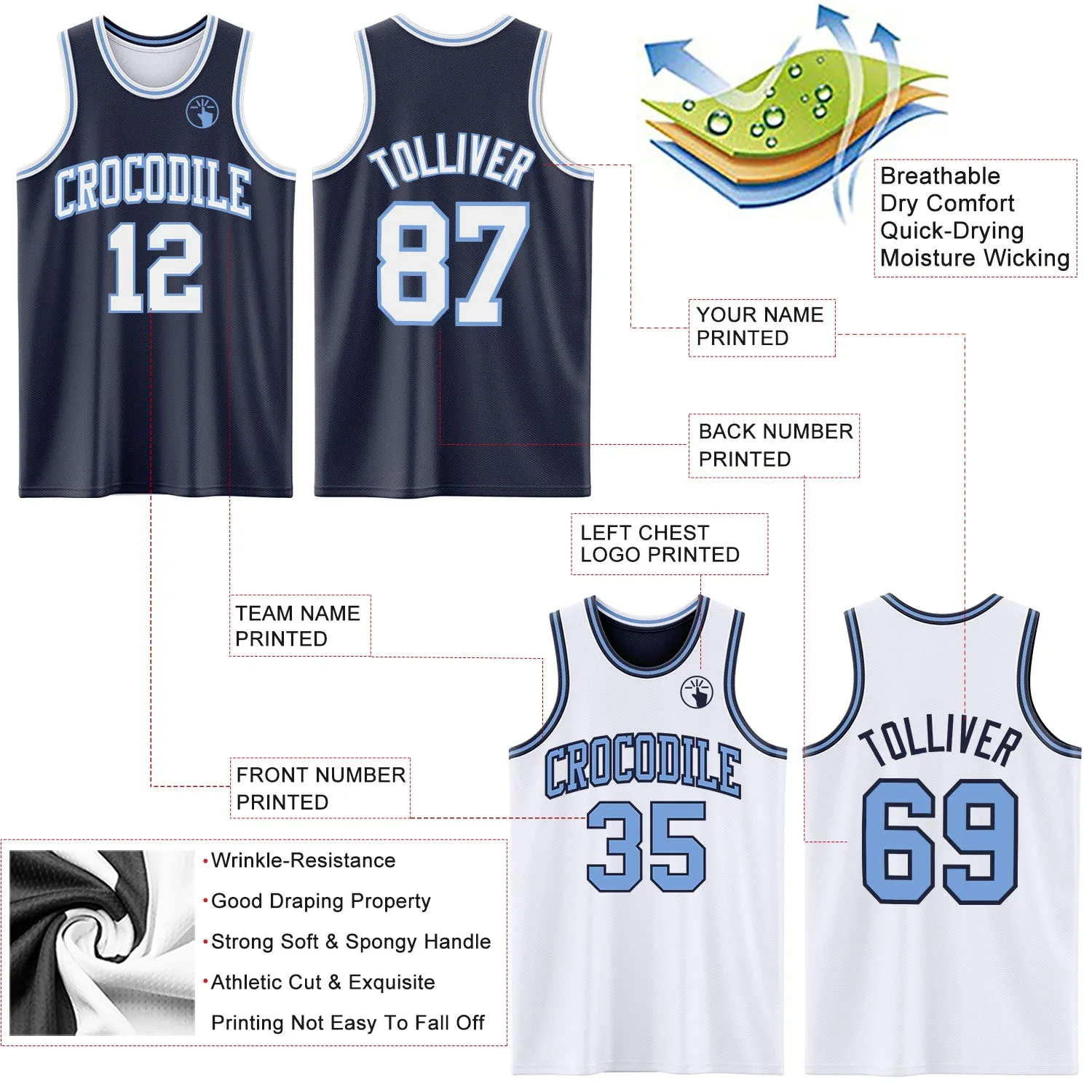 Custom Navy White-Light Blue Reversible Double Side Basketball Jersey