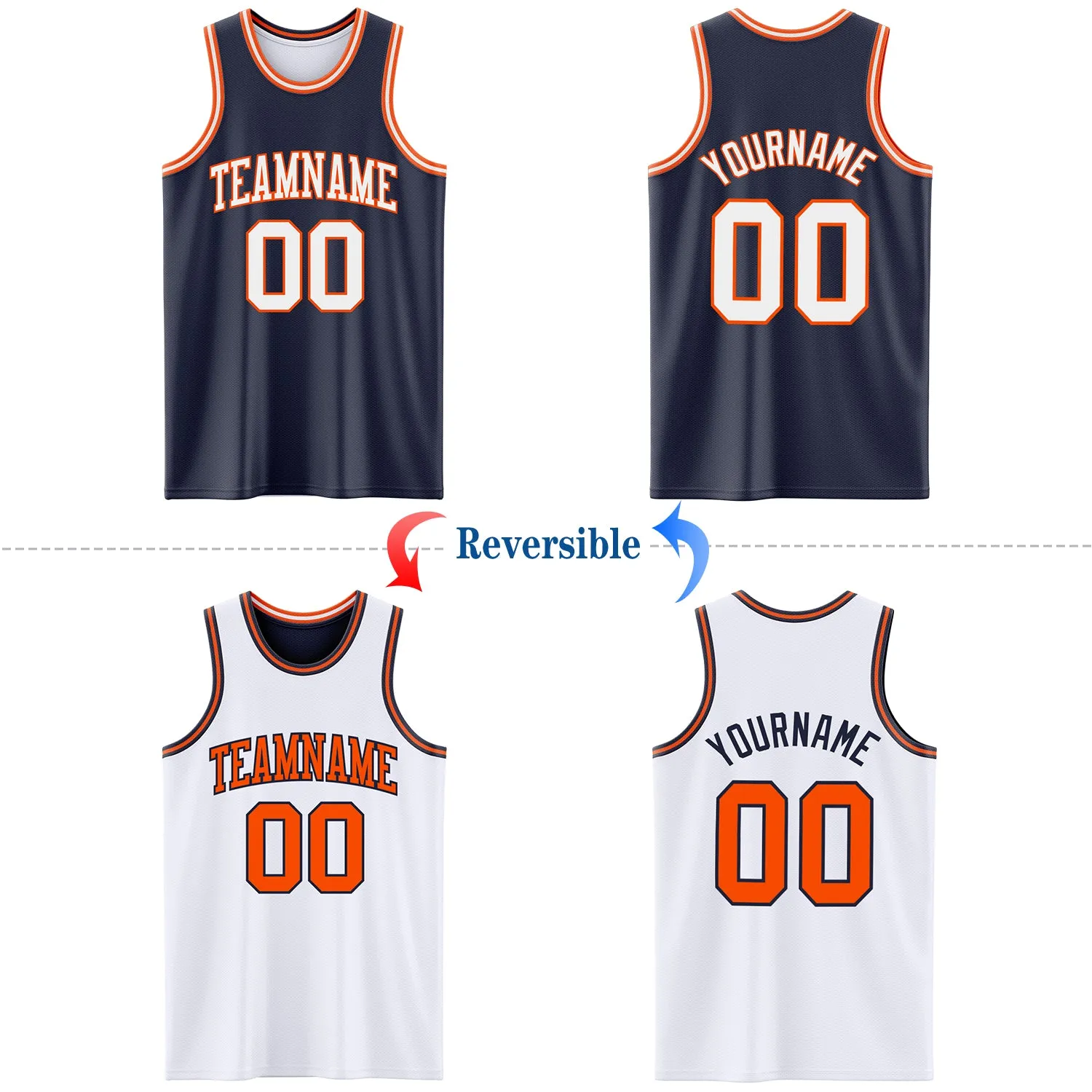 Custom Navy White-Orange Reversible Double Side Basketball Jersey
