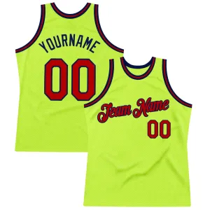Custom Neon Green Red-Navy Authentic Throwback Basketball Jersey