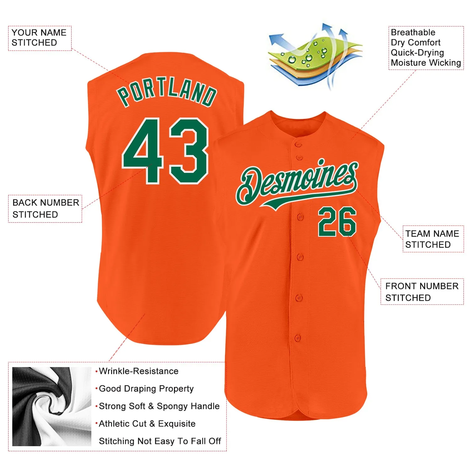 Custom Orange Kelly Green-White Authentic Sleeveless Baseball Jersey