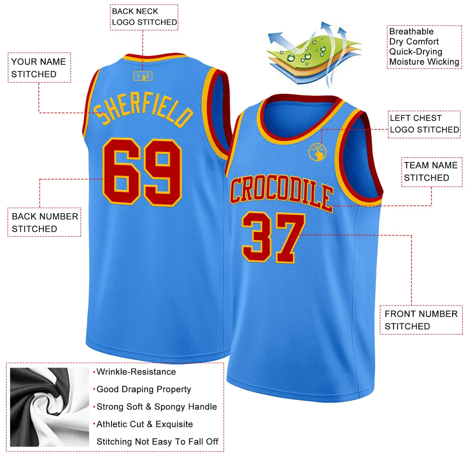 Custom Powder Blue Red-Gold Authentic Basketball Jersey