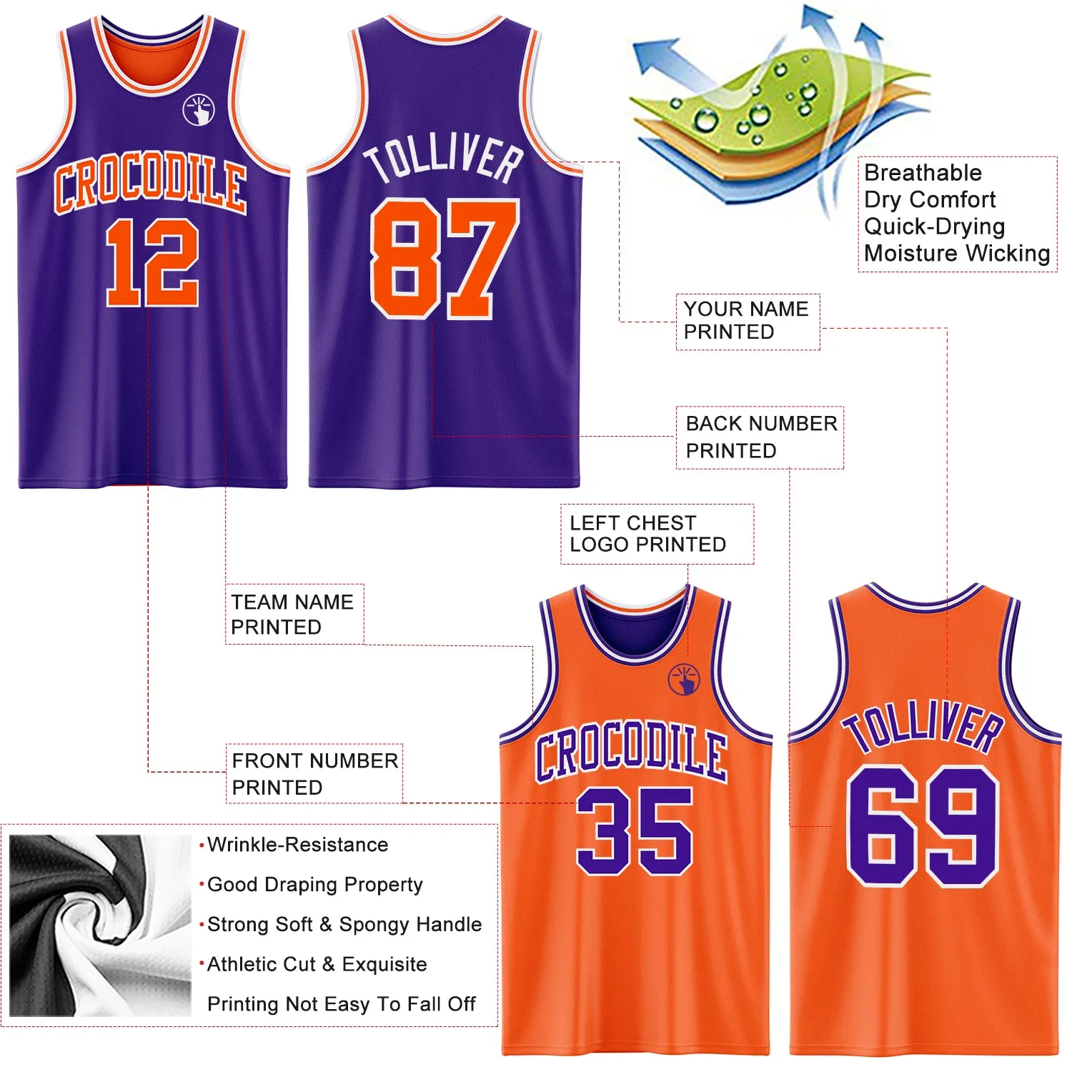 Custom Purple Orange-White Reversible Double Side Basketball Jersey
