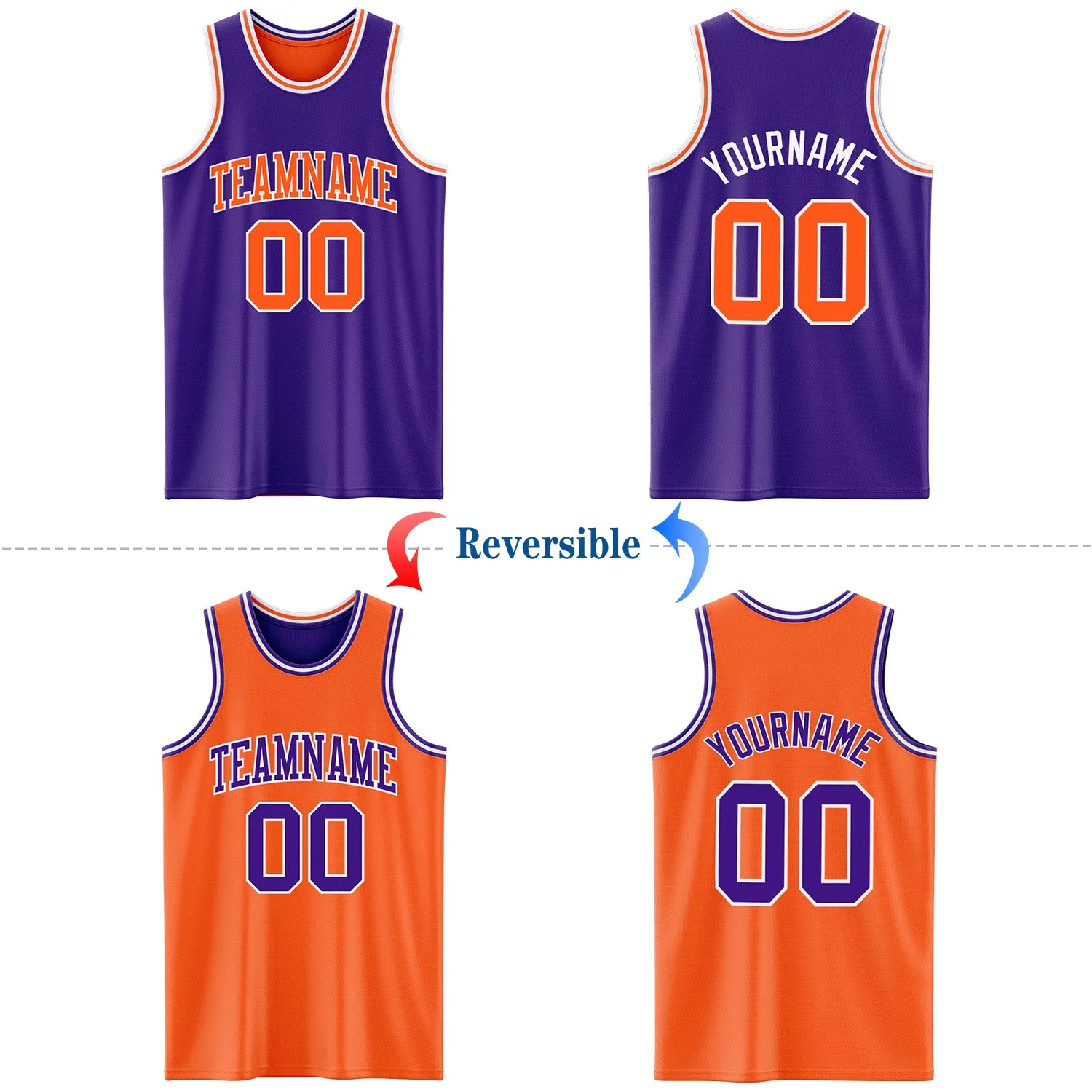 Custom Purple Orange-White Reversible Double Side Basketball Jersey