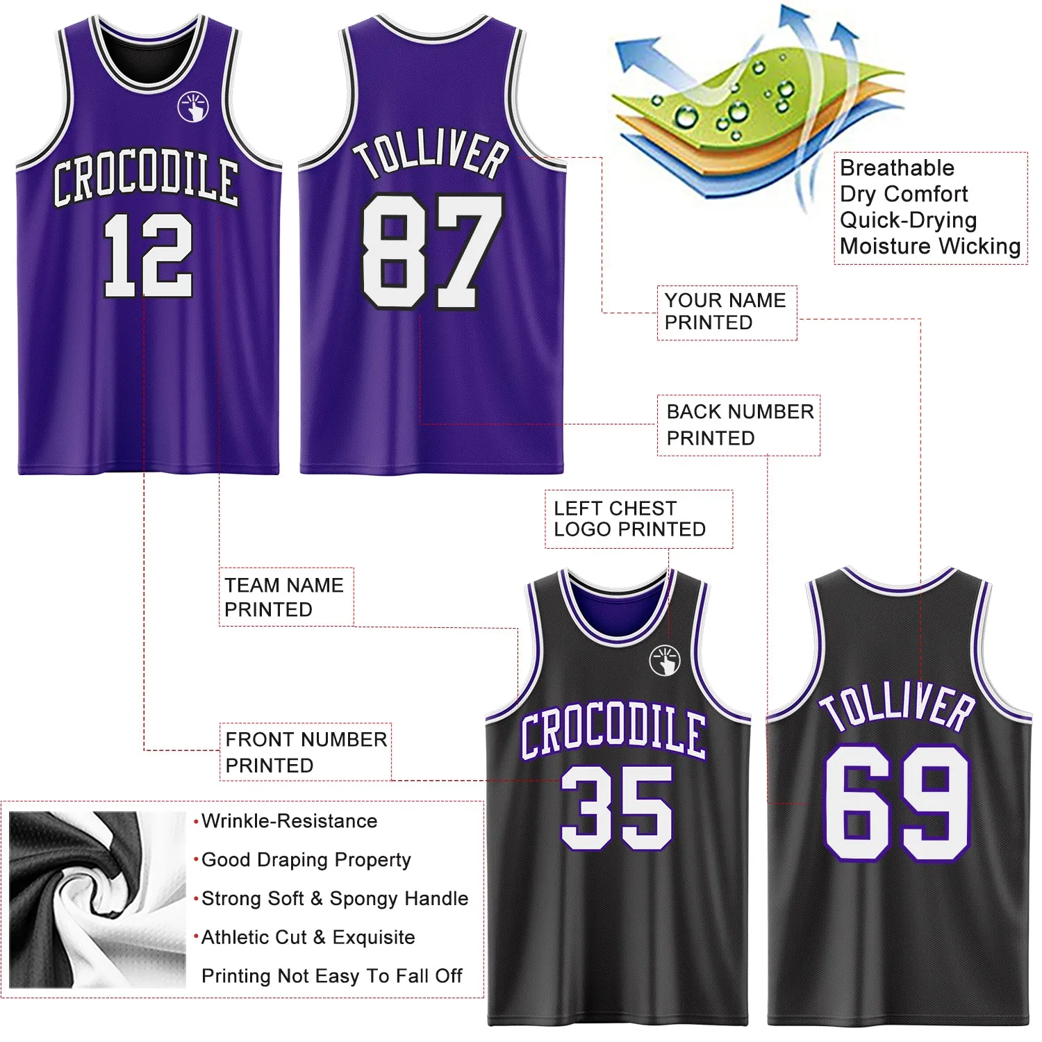 Custom Purple White-Black Reversible Double Side Basketball Jersey