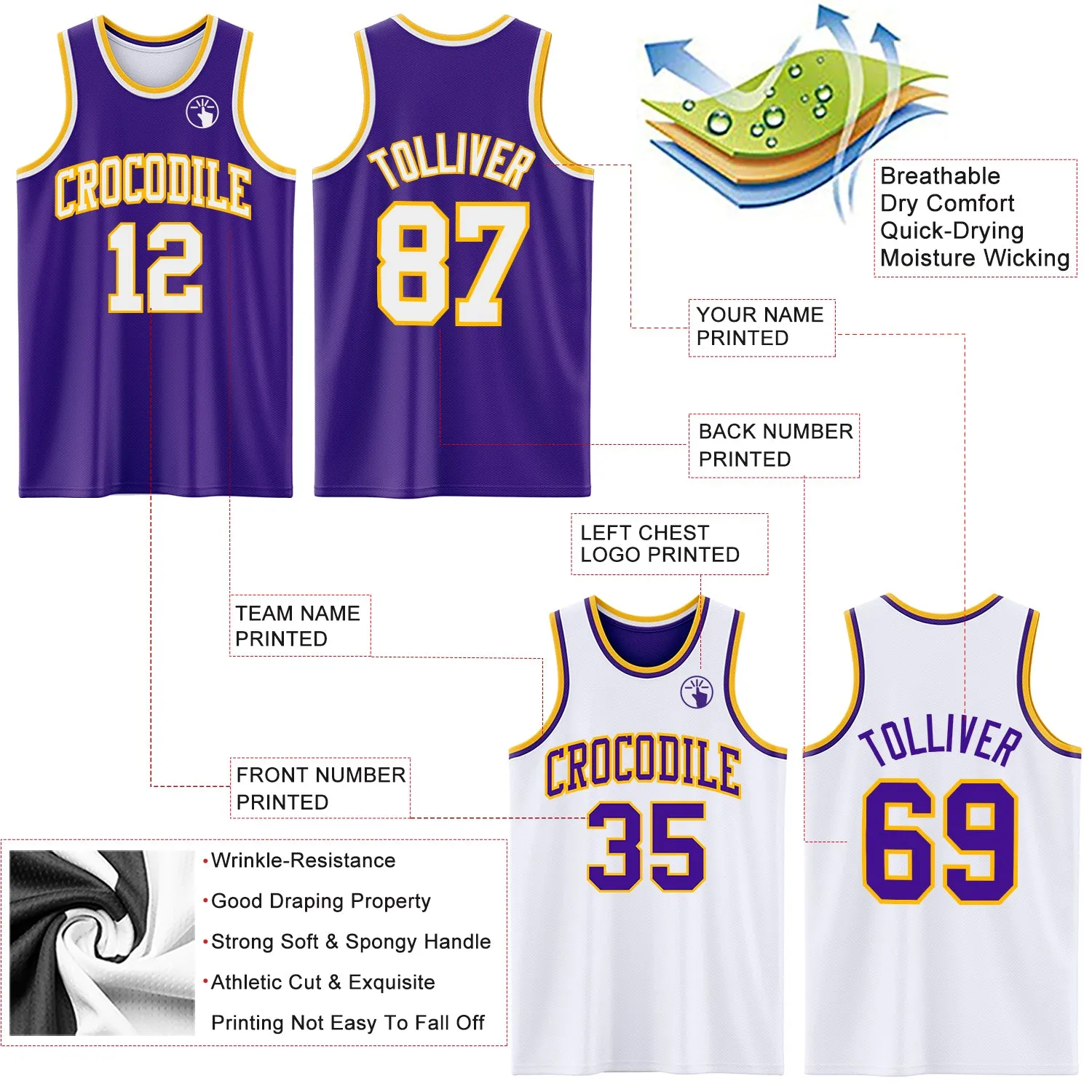 Custom Purple White-Gold Reversible Double Side Basketball Jersey