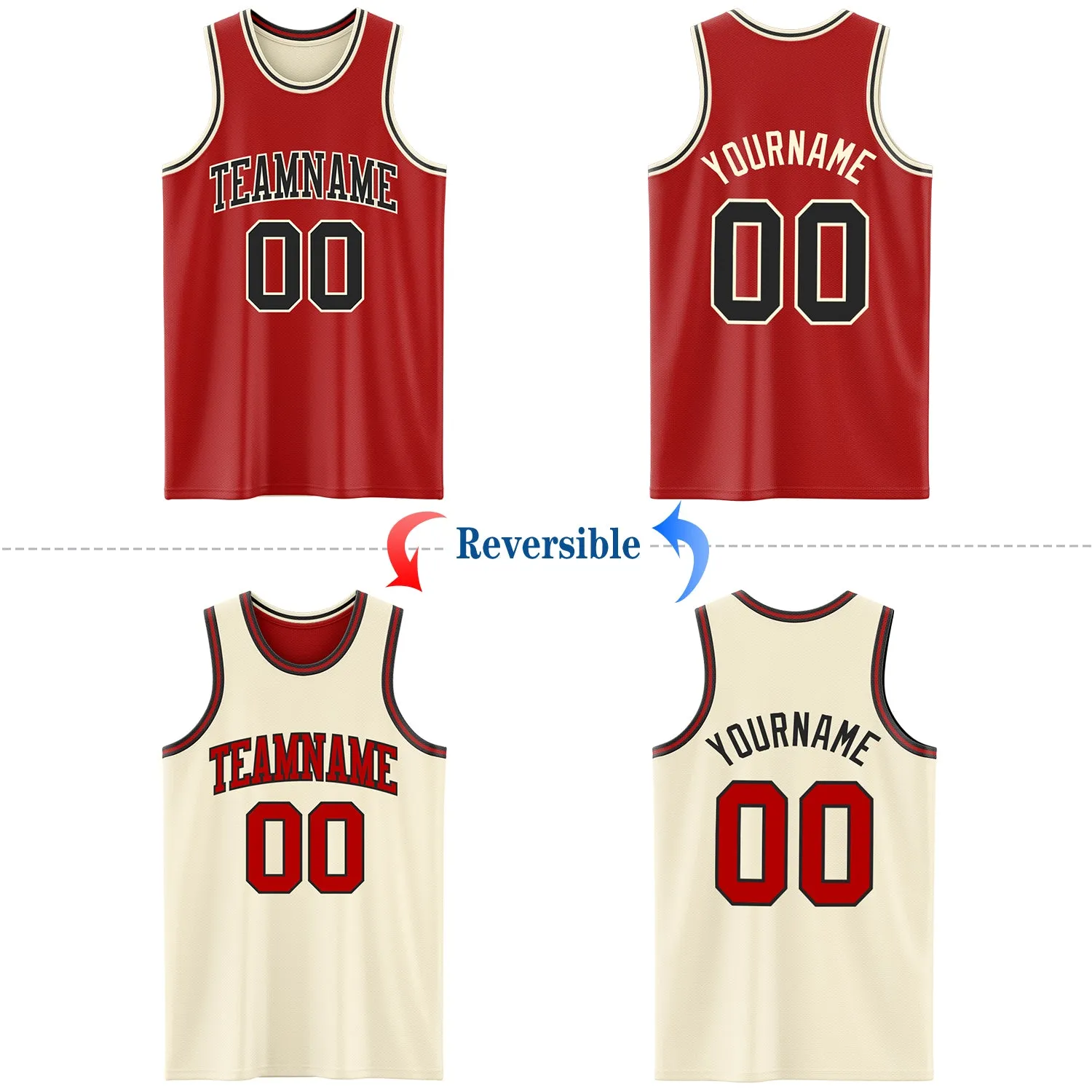 Custom Red Black-Cream Reversible Double Side Basketball Jersey
