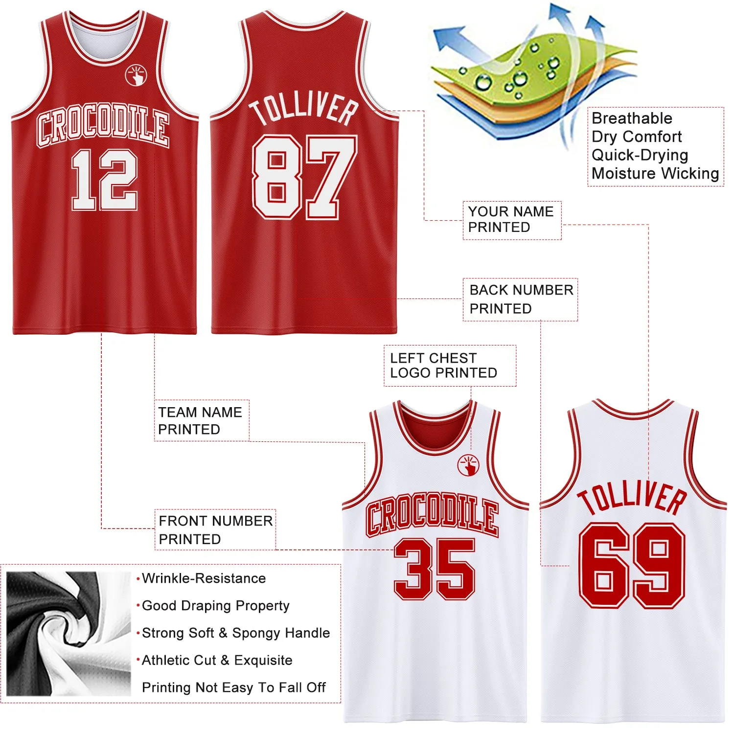 Custom Red White Reversible Double Side Basketball Jersey