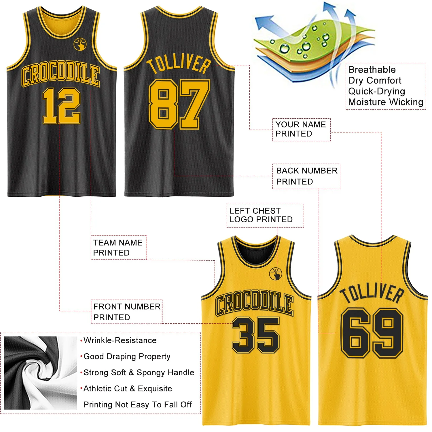 Custom Reversible Black Gold Double Side Basketball Jersey