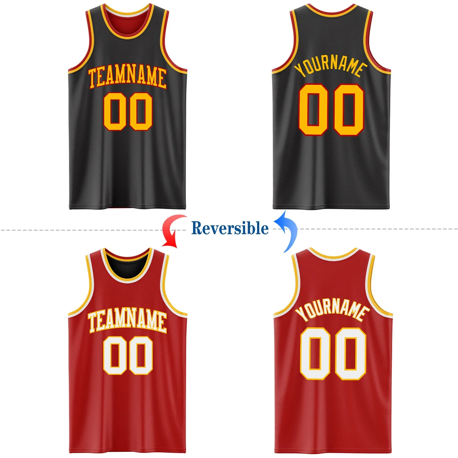 Custom Reversible Black Gold-Red Double Side Basketball Jersey