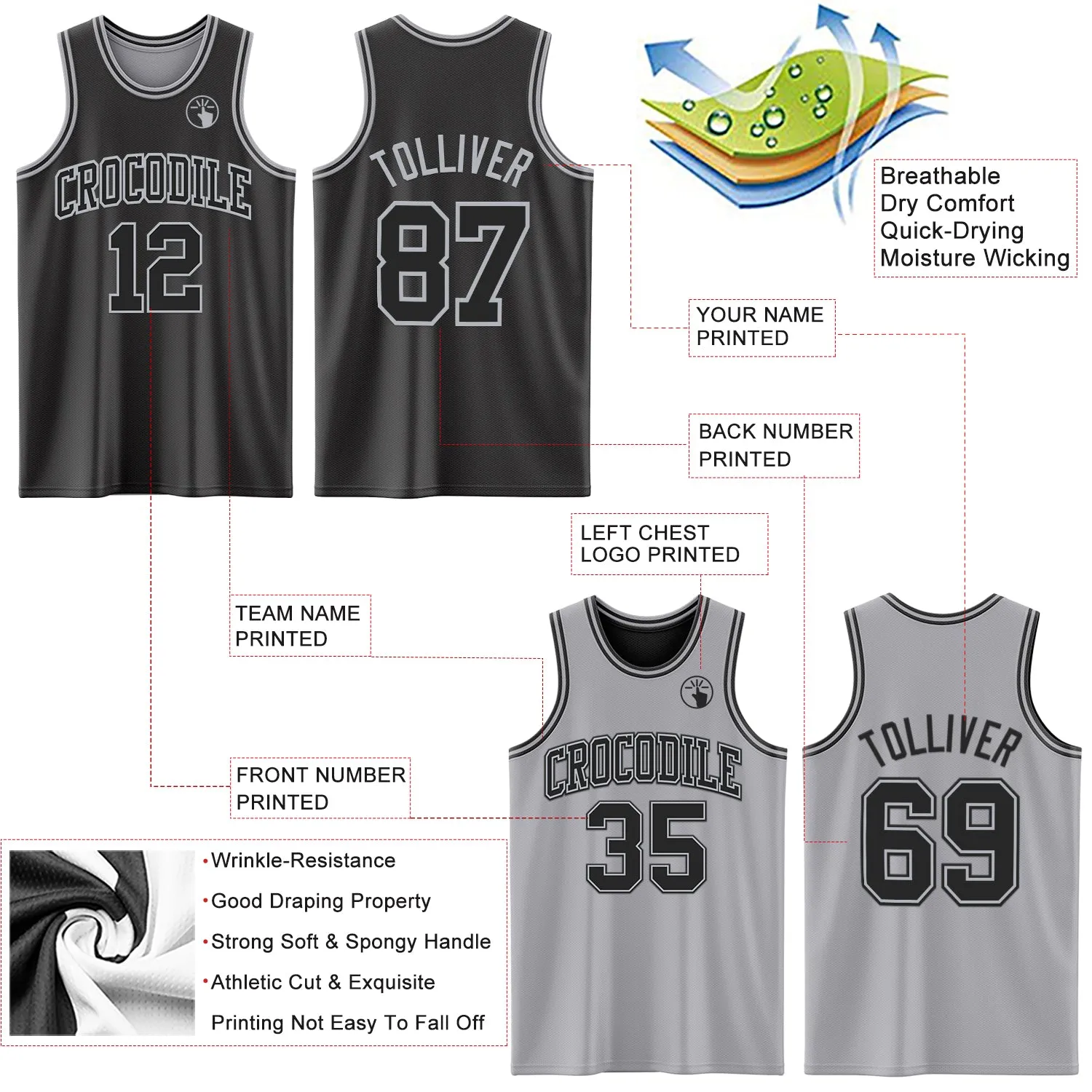 Custom Reversible Black Gray Double Side Basketball Jersey