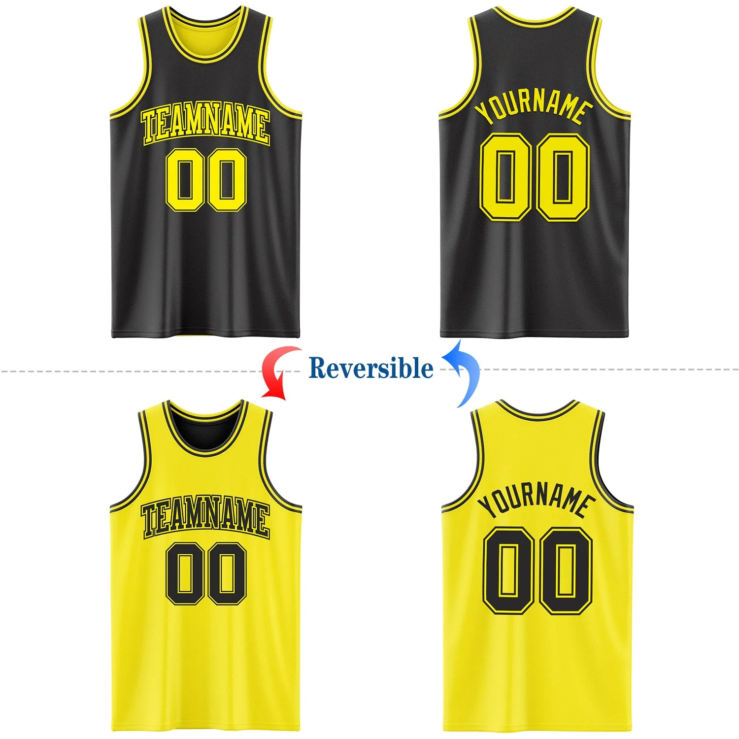 Custom Reversible Black Light Yellow Double Side Basketball Jersey