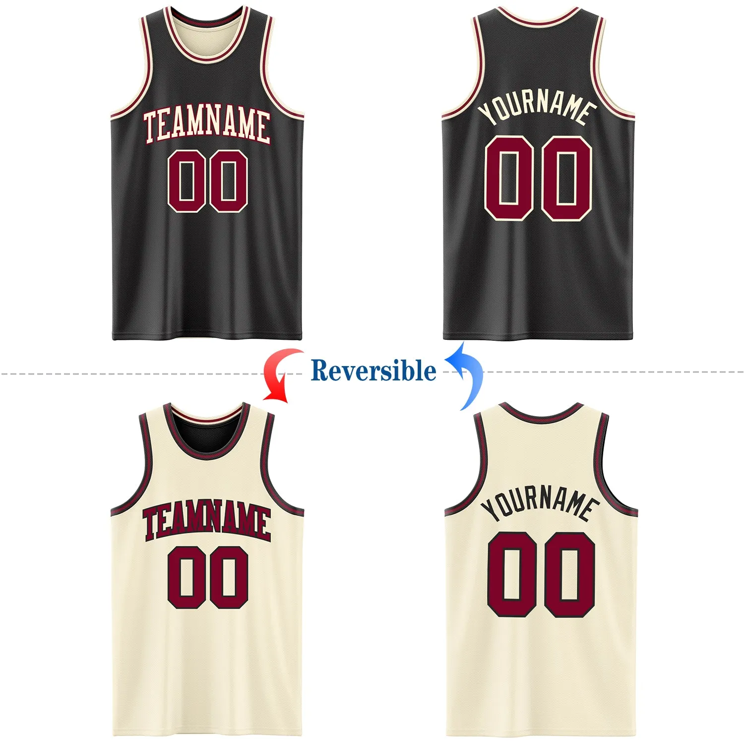Custom Reversible Black Maroon-Cream Double Side Basketball Jersey