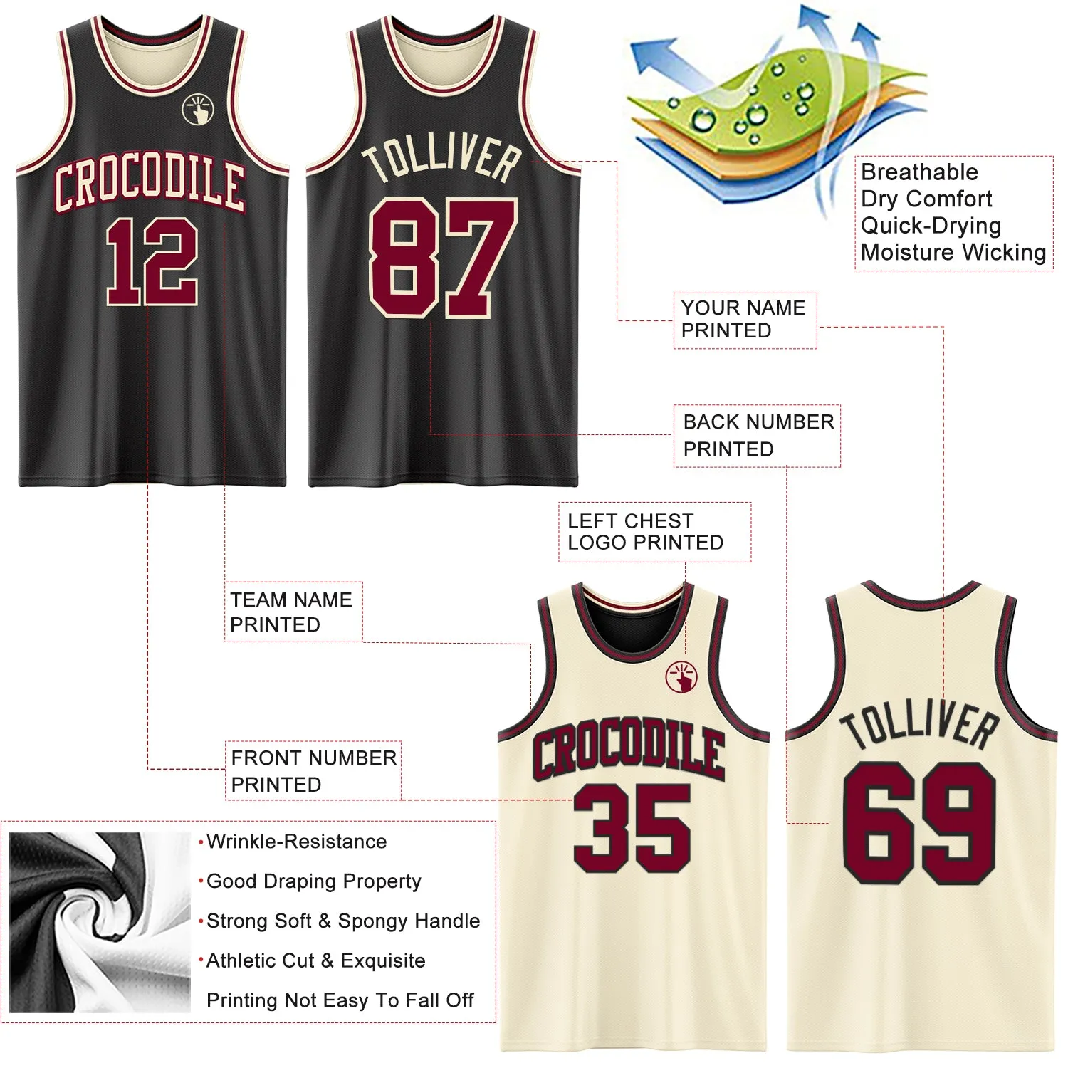 Custom Reversible Black Maroon-Cream Double Side Basketball Jersey