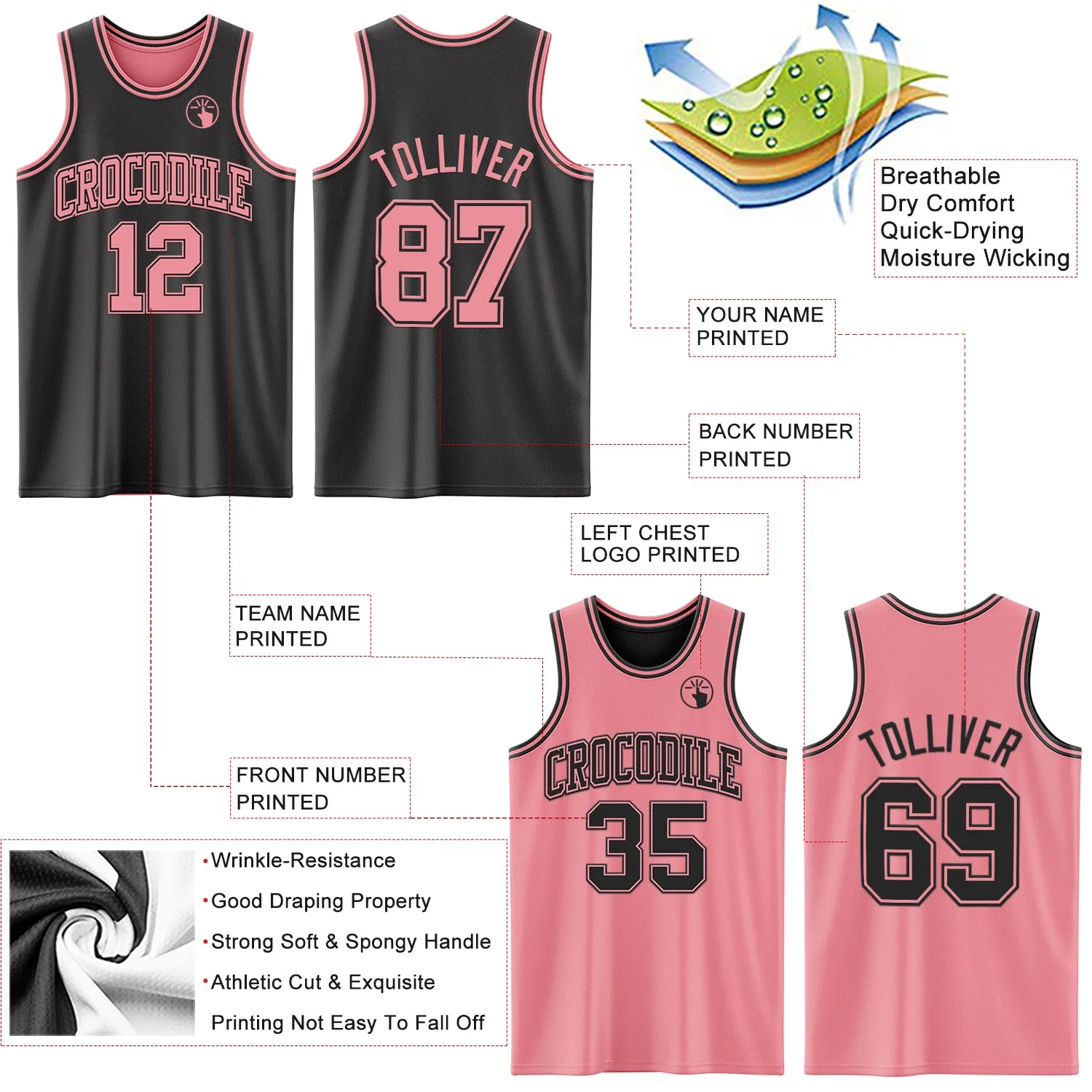 Custom Reversible Black Medium Pink Double Side Basketball Jersey
