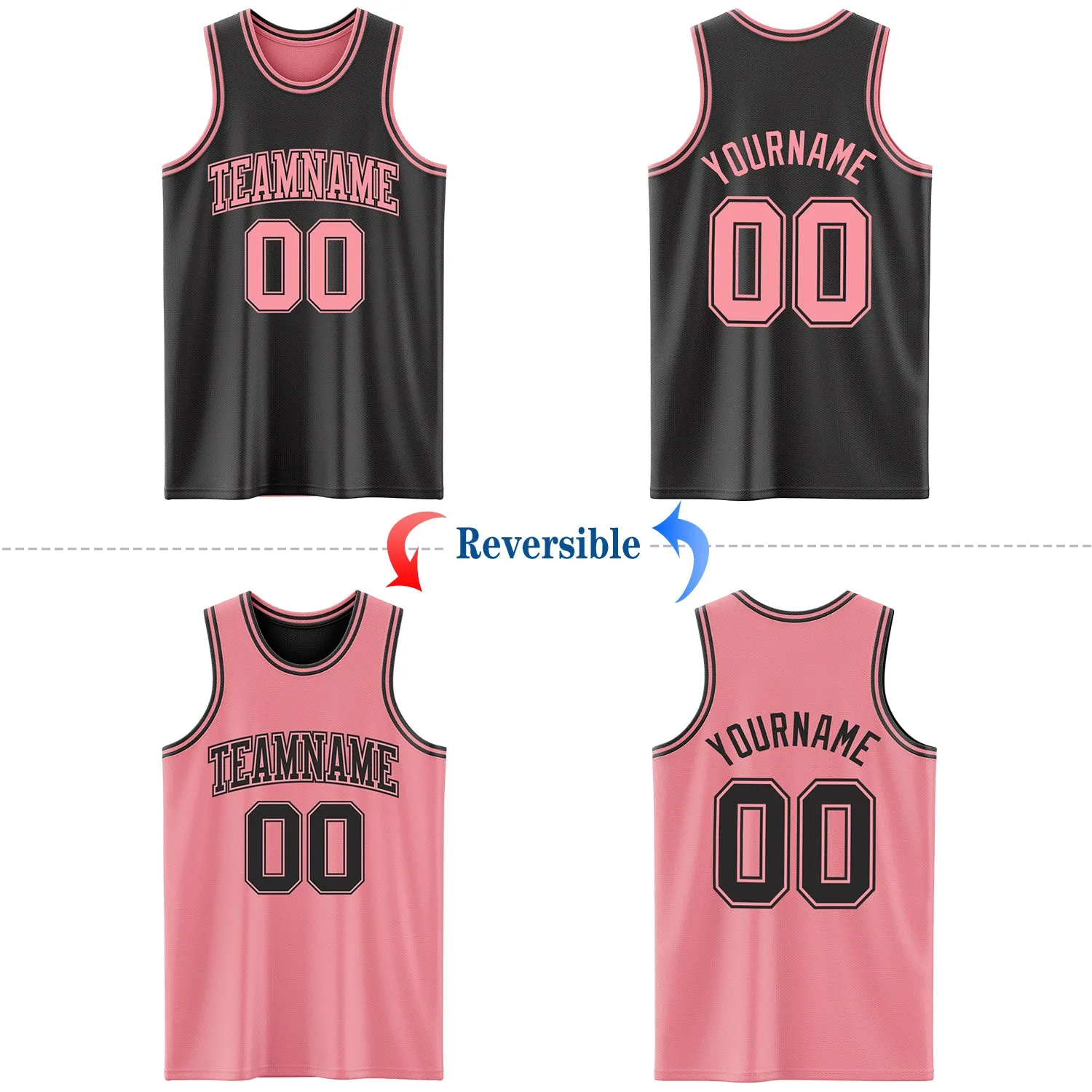 Custom Reversible Black Medium Pink Double Side Basketball Jersey