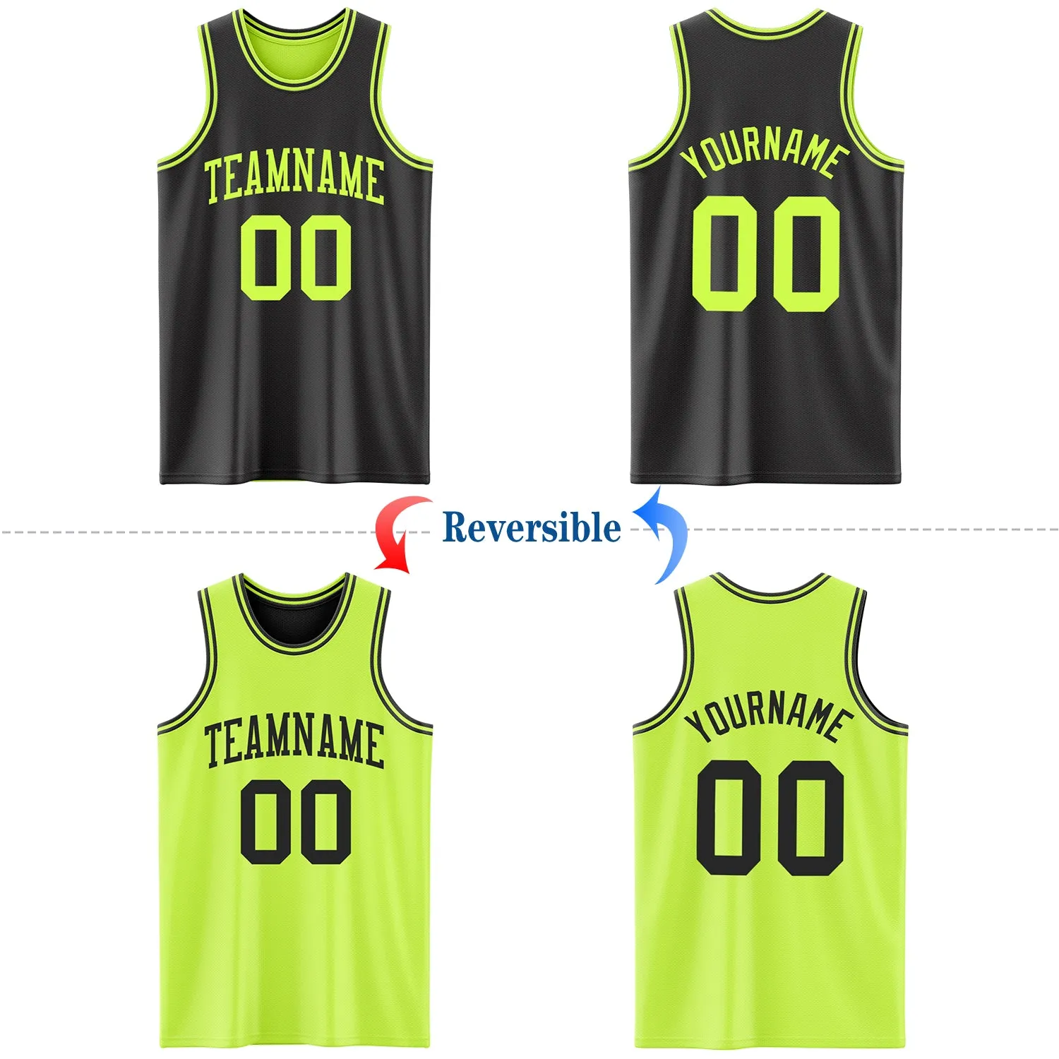 Custom Reversible Black Neon Green Double Side Basketball Jersey