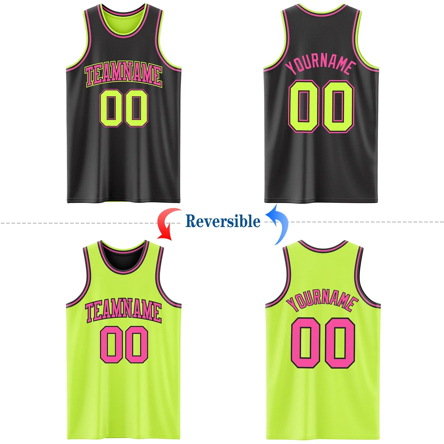 Custom Reversible Black Neon Green-Pink Double Side Basketball Jersey