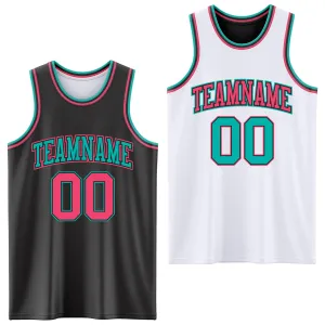 Custom Reversible Black Neon Pink-Aqua Double Side Basketball Jersey