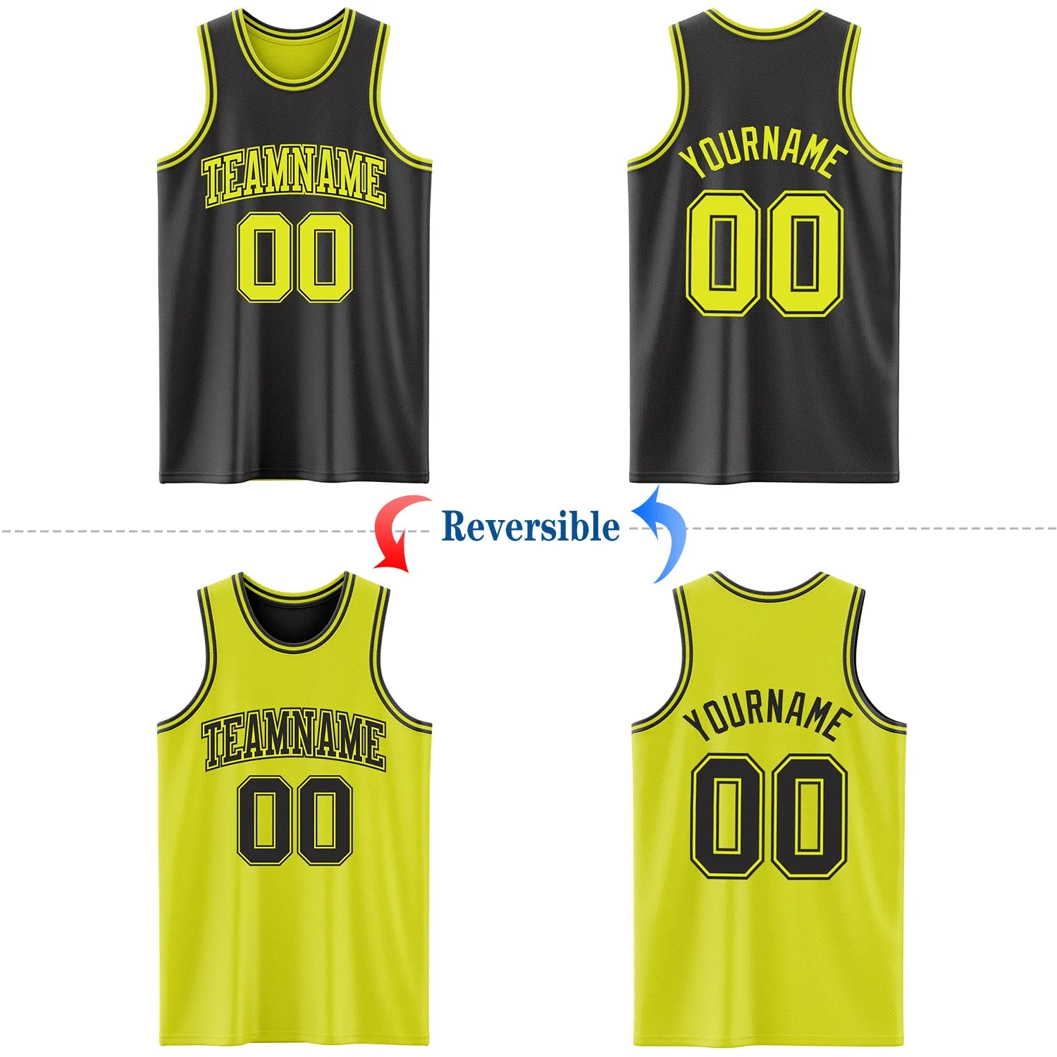 Custom Reversible Black Neon Yellow Double Side Basketball Jersey
