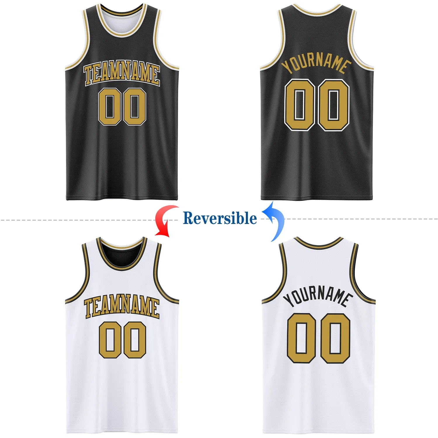 Custom Reversible Black Old Gold-White Double Side Basketball Jersey