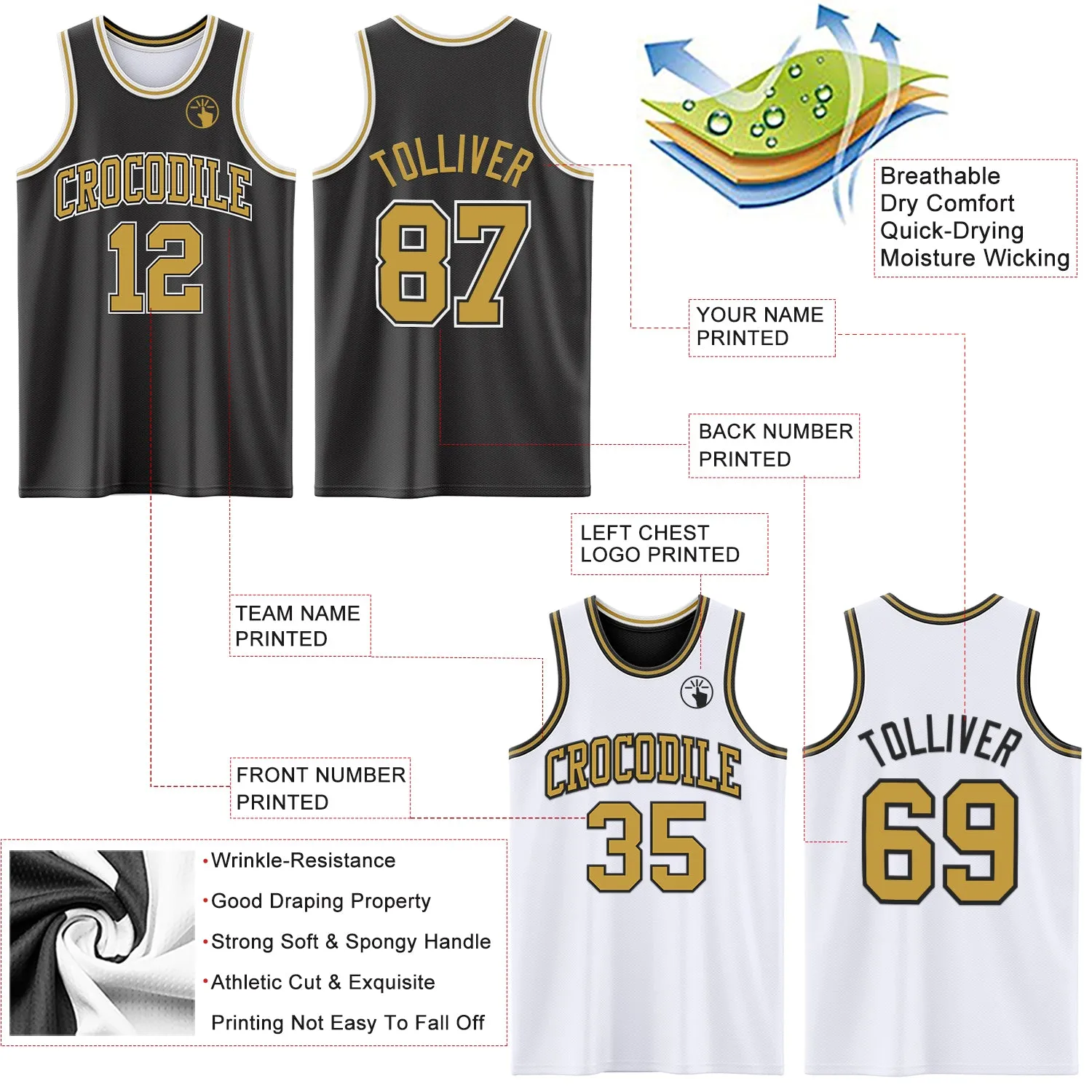 Custom Reversible Black Old Gold-White Double Side Basketball Jersey