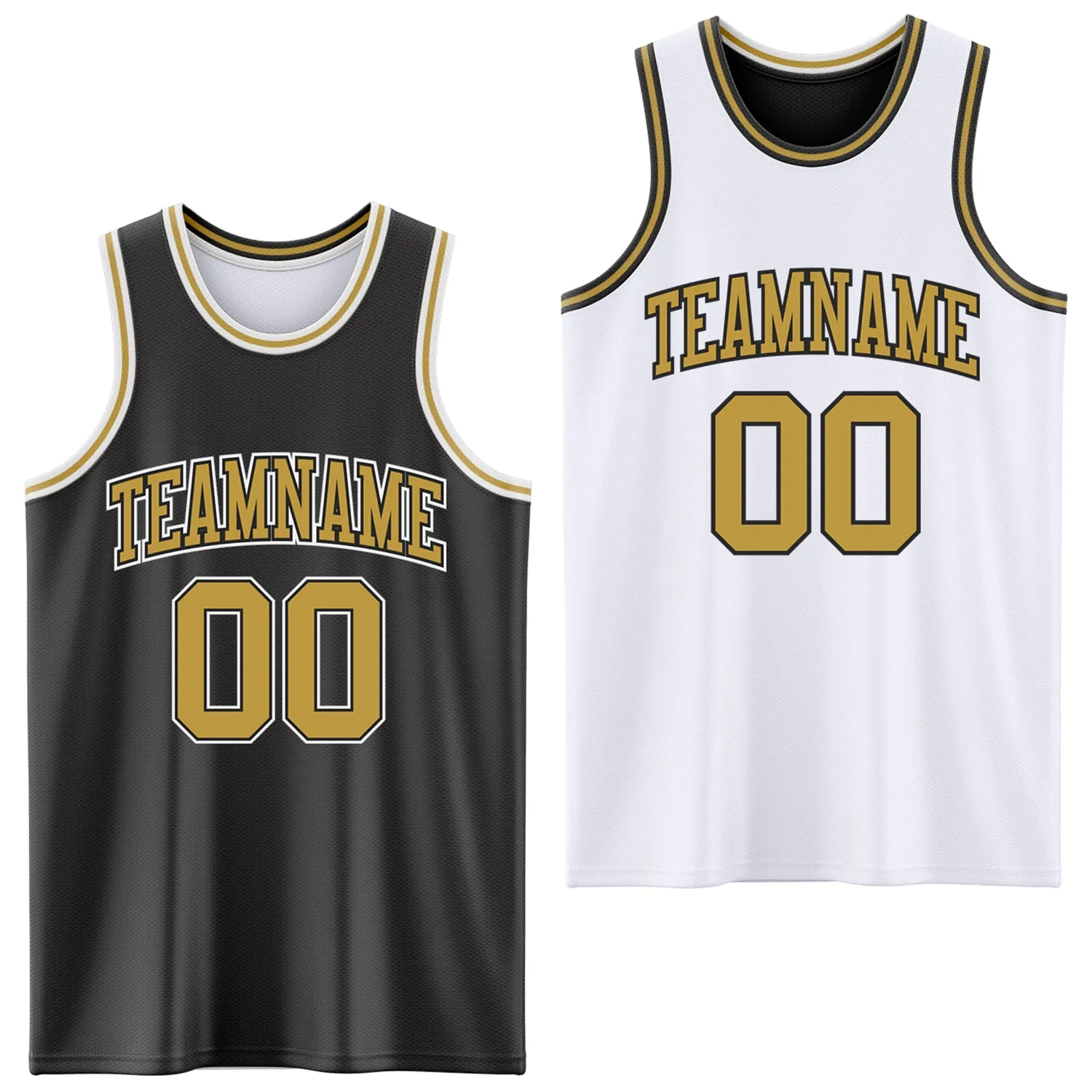Custom Reversible Black Old Gold-White Double Side Basketball Jersey