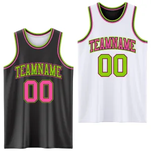 Custom Reversible Black Pink-Neon Green Double Side Basketball Jersey