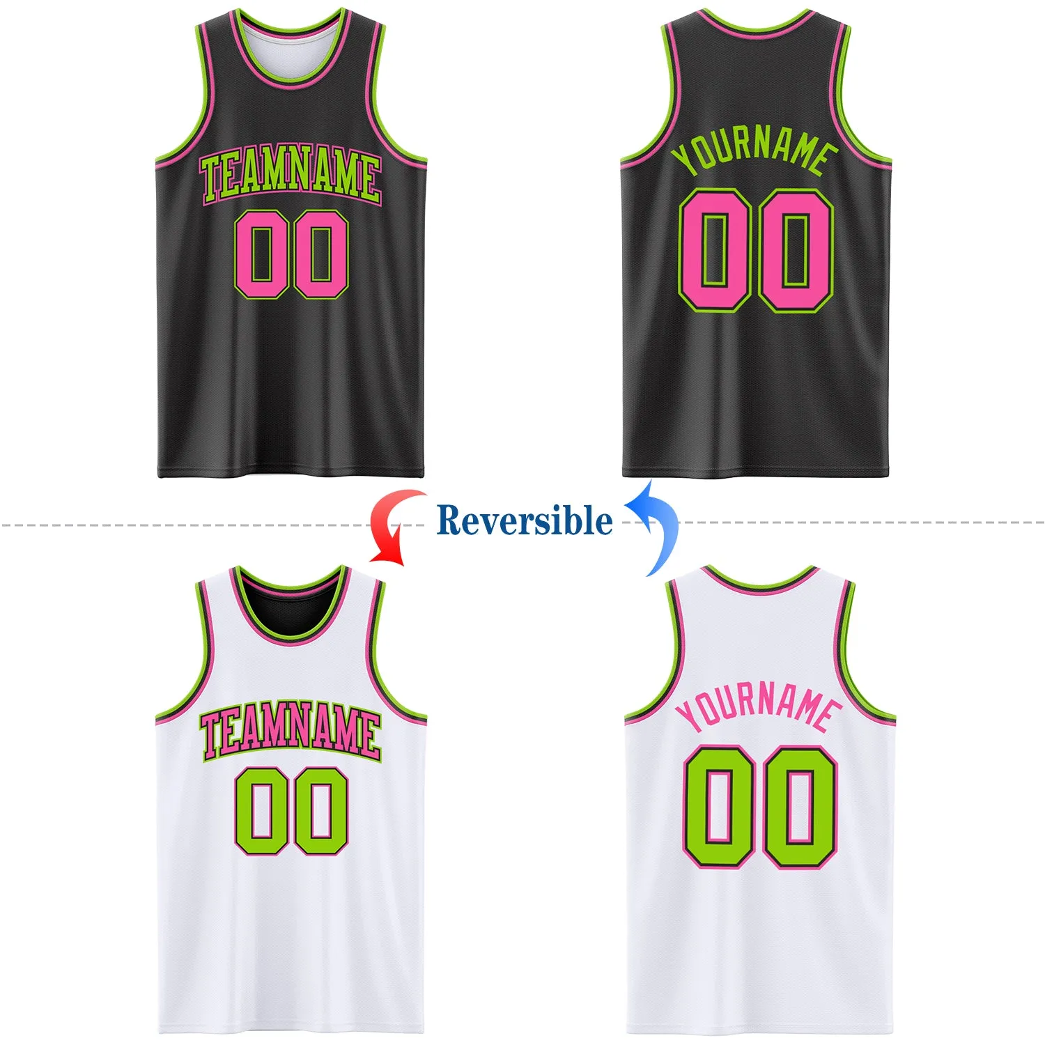 Custom Reversible Black Pink-Neon Green Double Side Basketball Jersey