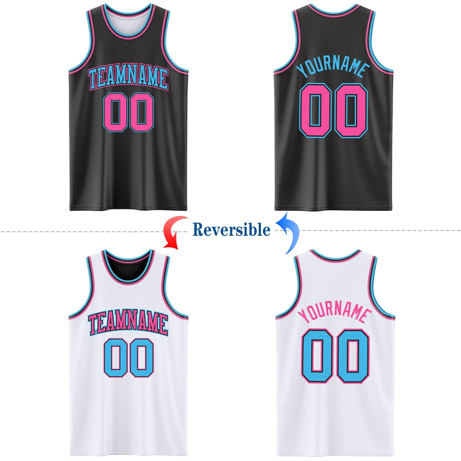 Custom Reversible Black Pink-Sky Blue Double Side Basketball Jersey