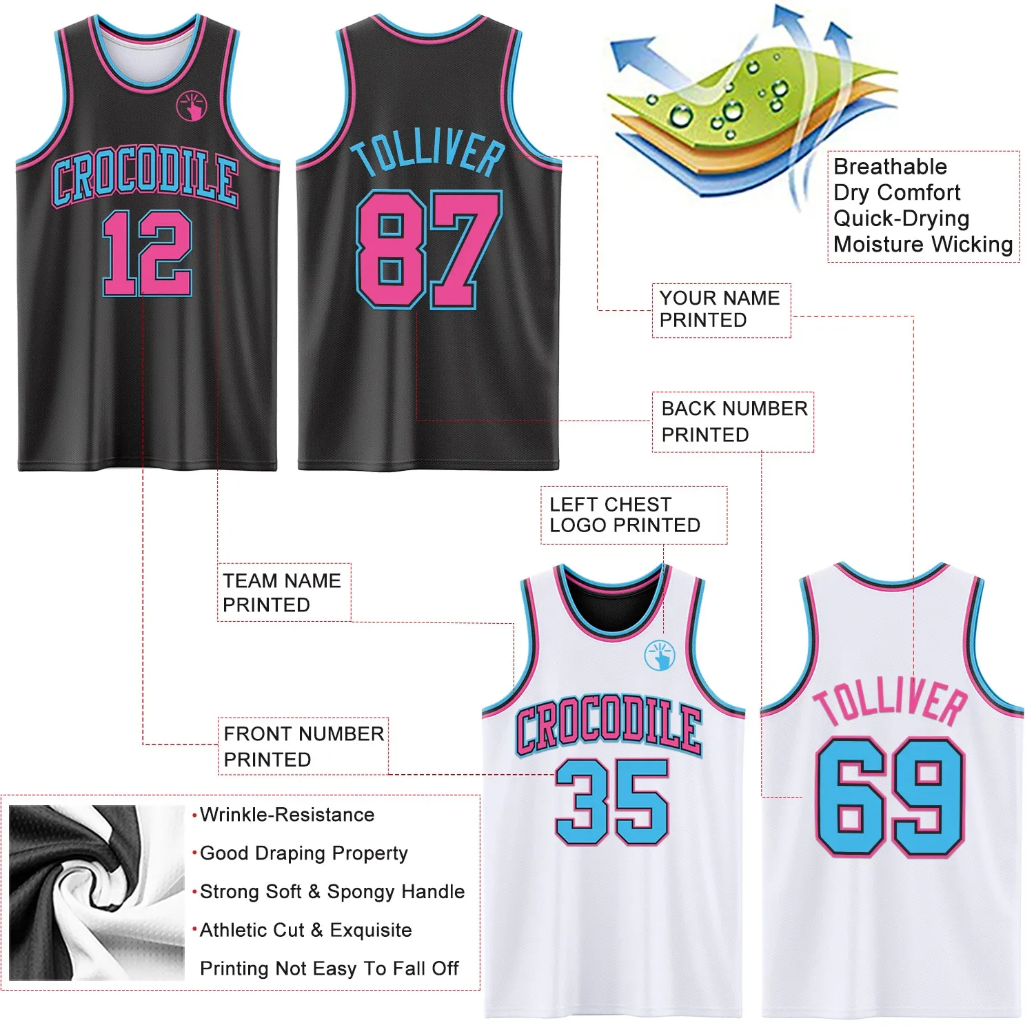 Custom Reversible Black Pink-Sky Blue Double Side Basketball Jersey