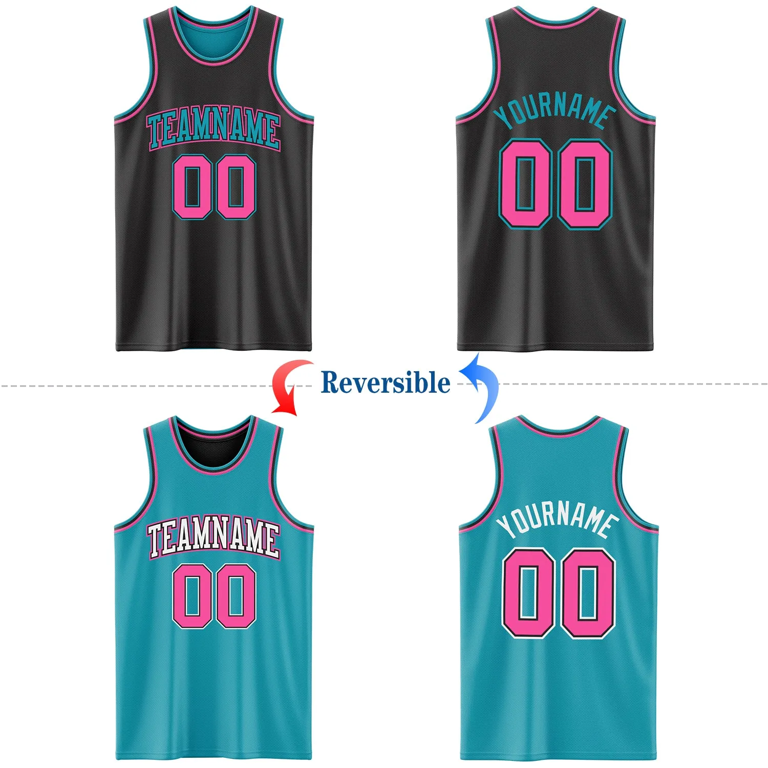 Custom Reversible Black Pink-Teal Double Side Basketball Jersey