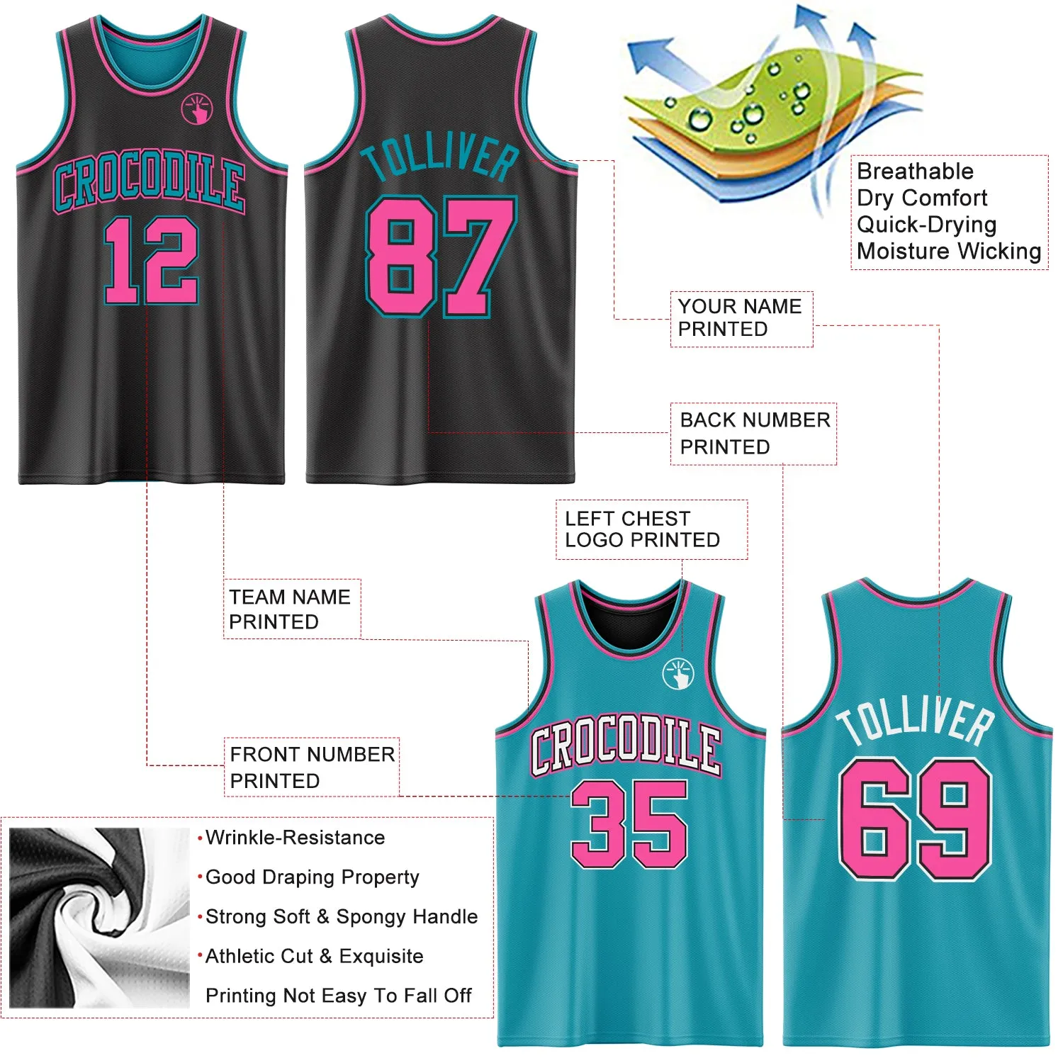 Custom Reversible Black Pink-Teal Double Side Basketball Jersey