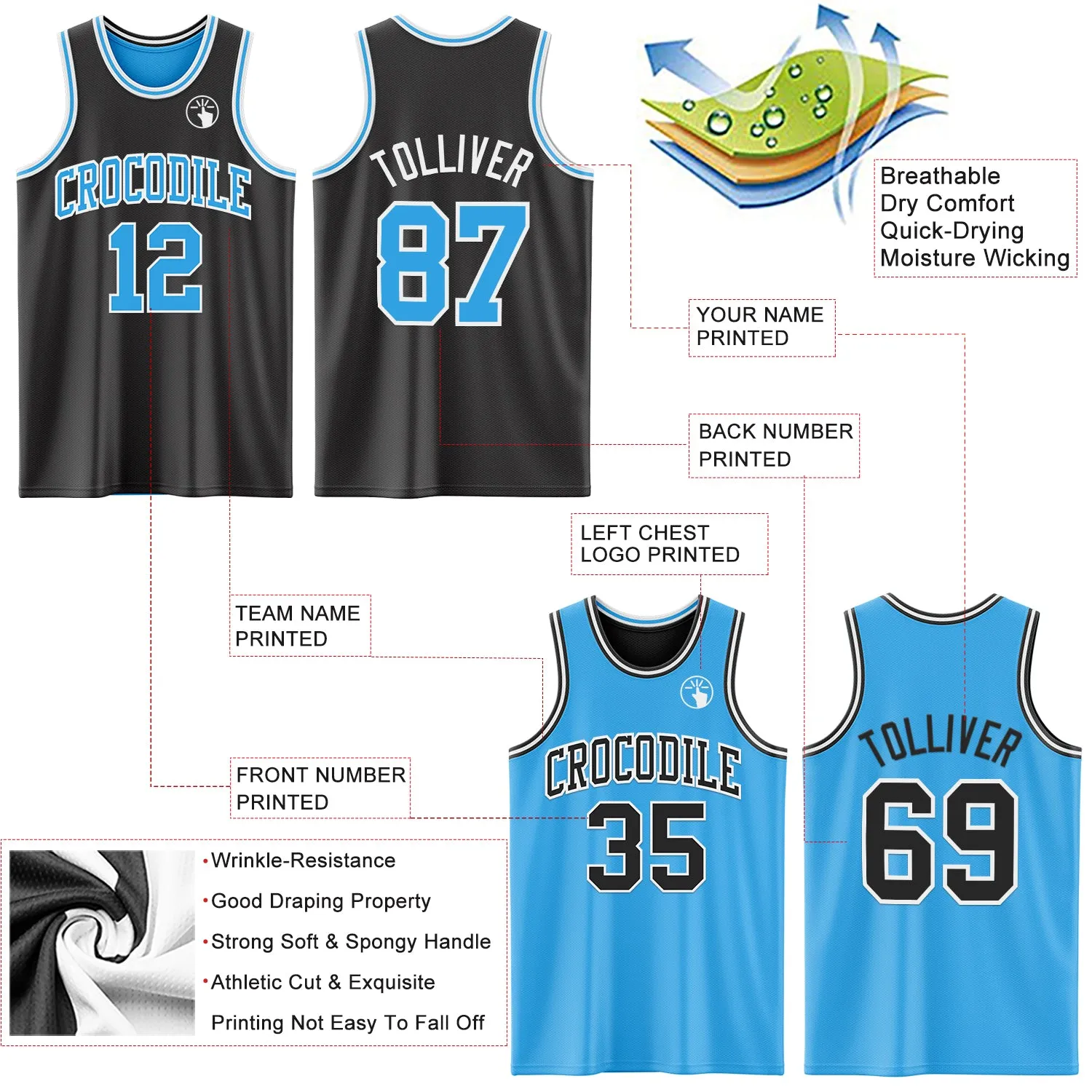 Custom Reversible Black Sky Blue-White Double Side Basketball Jersey