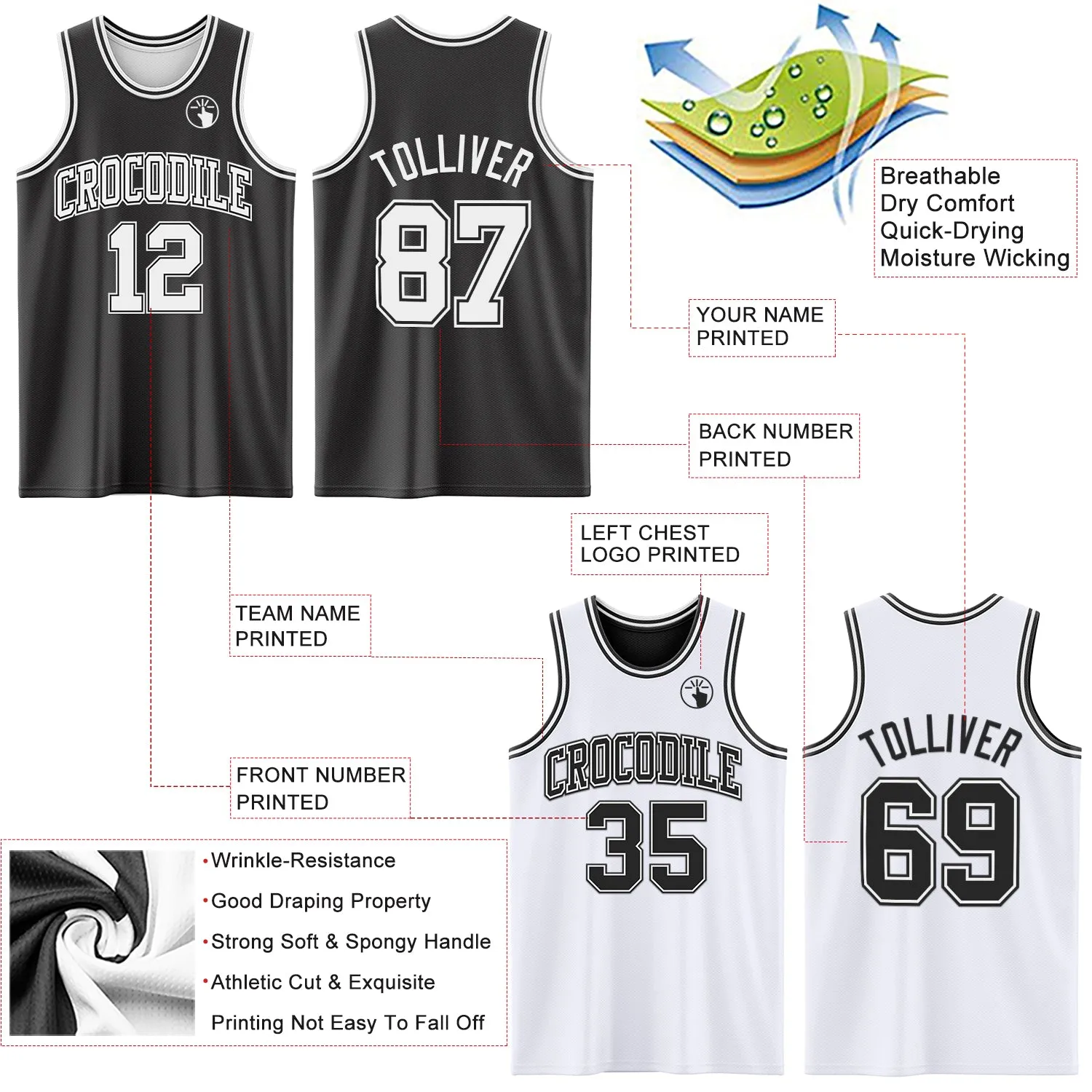 Custom Reversible Black White Double Side Basketball Jersey