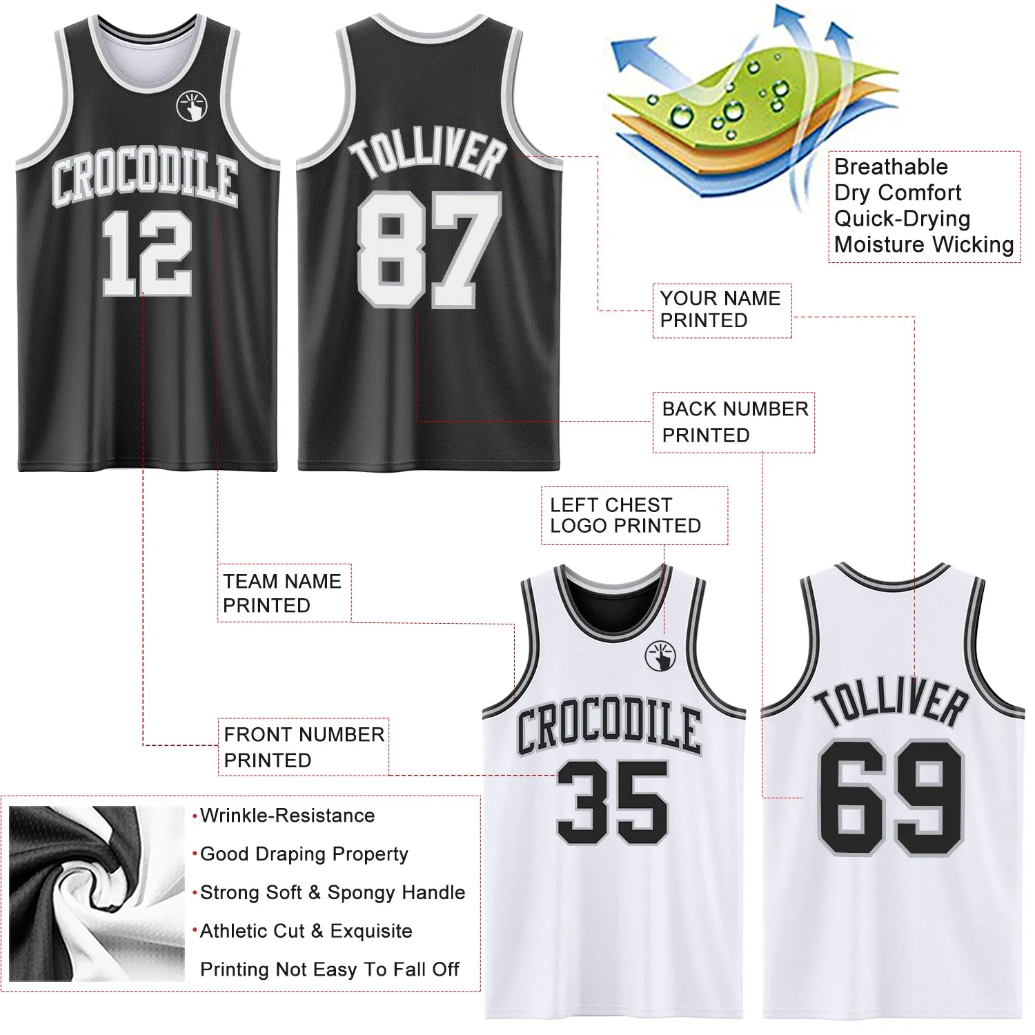 Custom Reversible Black White-Gray Double Side Basketball Jersey