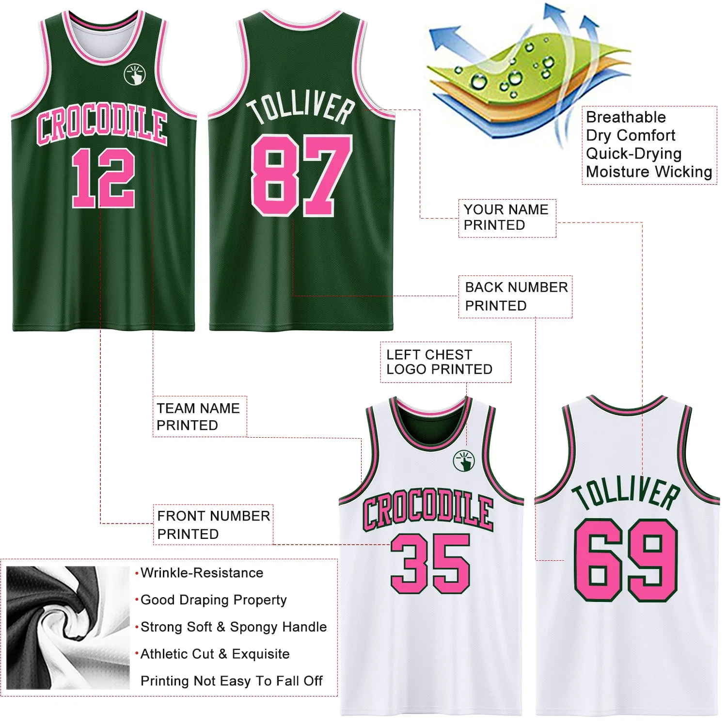 Custom Reversible Green Pink-White Double Side Basketball Jersey