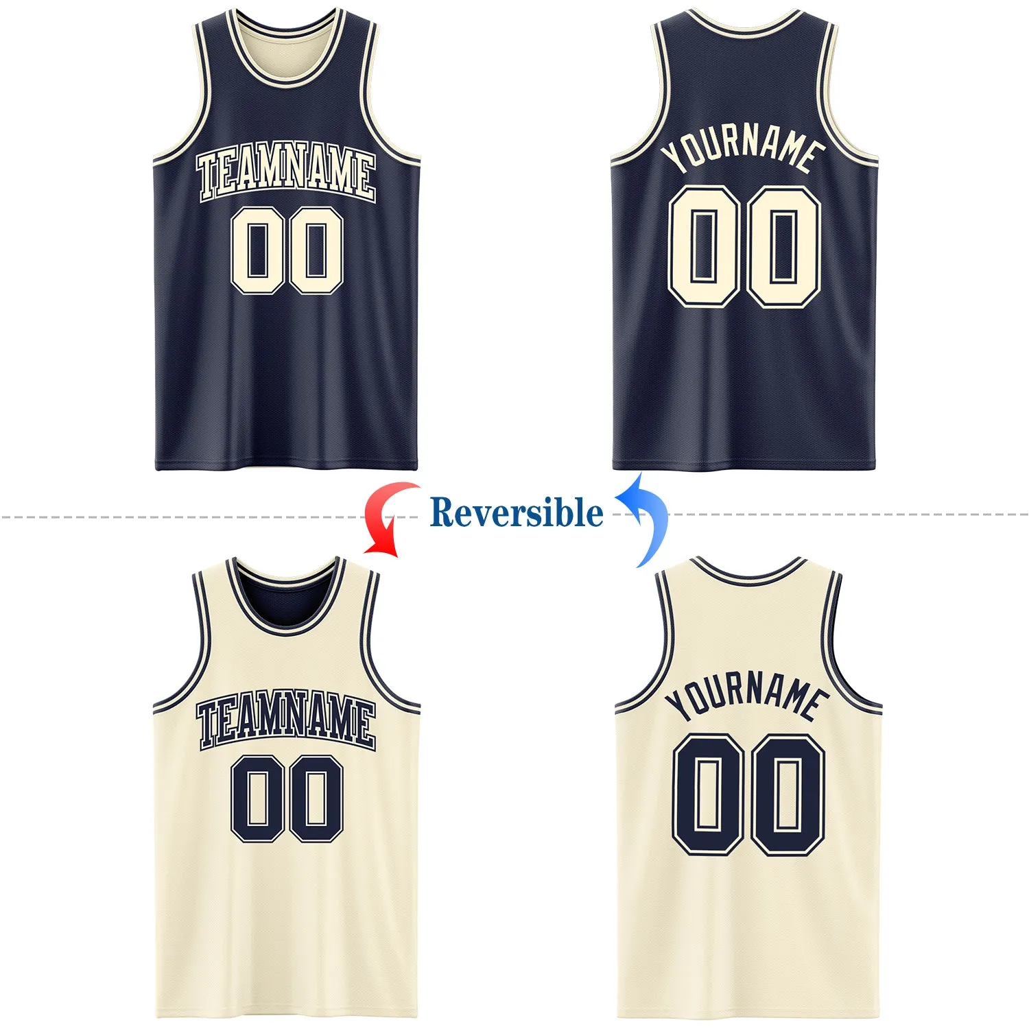 Custom Reversible Navy Cream Double Side Basketball Jersey