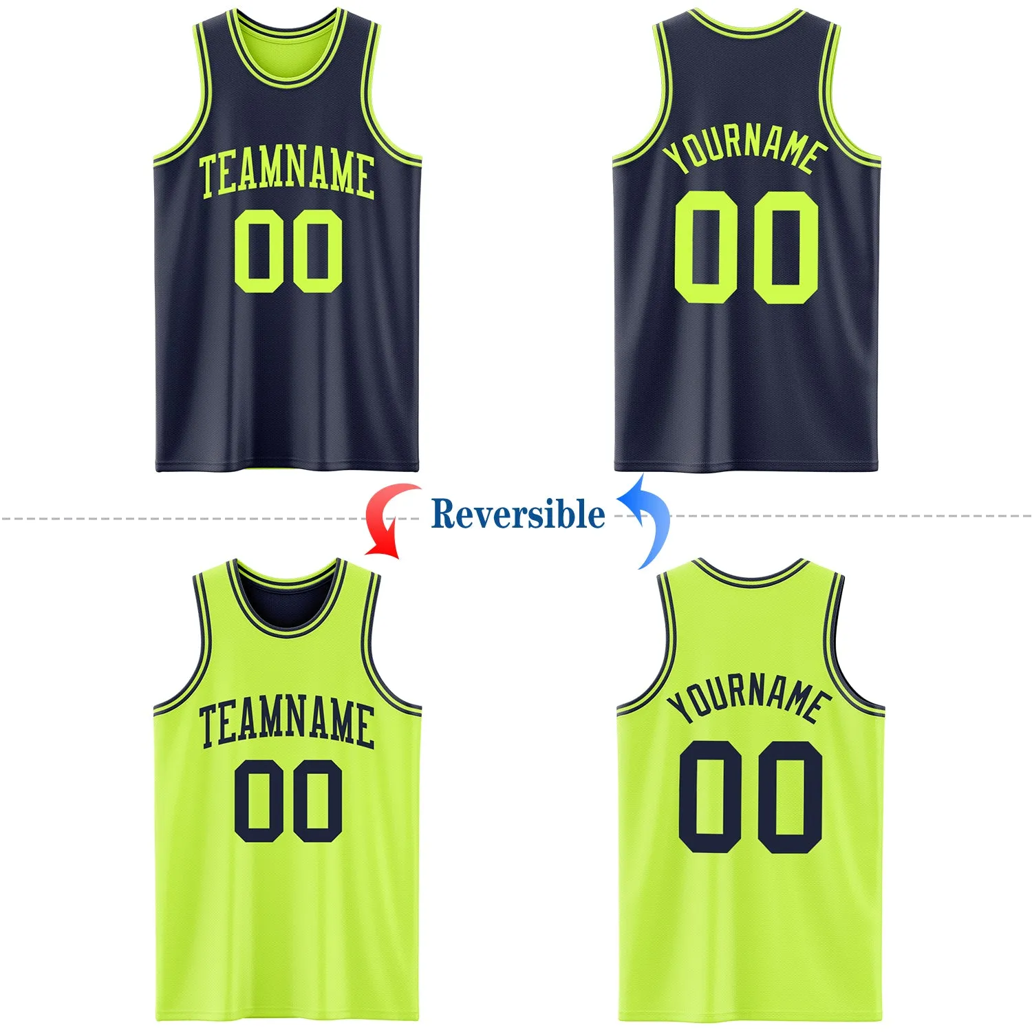 Custom Reversible Navy Neon Green Double Side Basketball Jersey