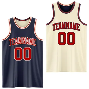 Custom Reversible Navy Red-Cream Double Side Basketball Jersey