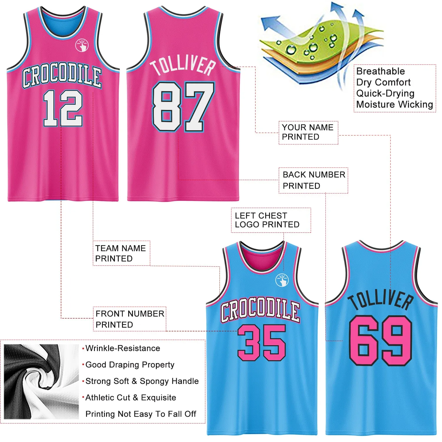 Custom Reversible Pink Black-Sky Blue Double Side Basketball Jersey