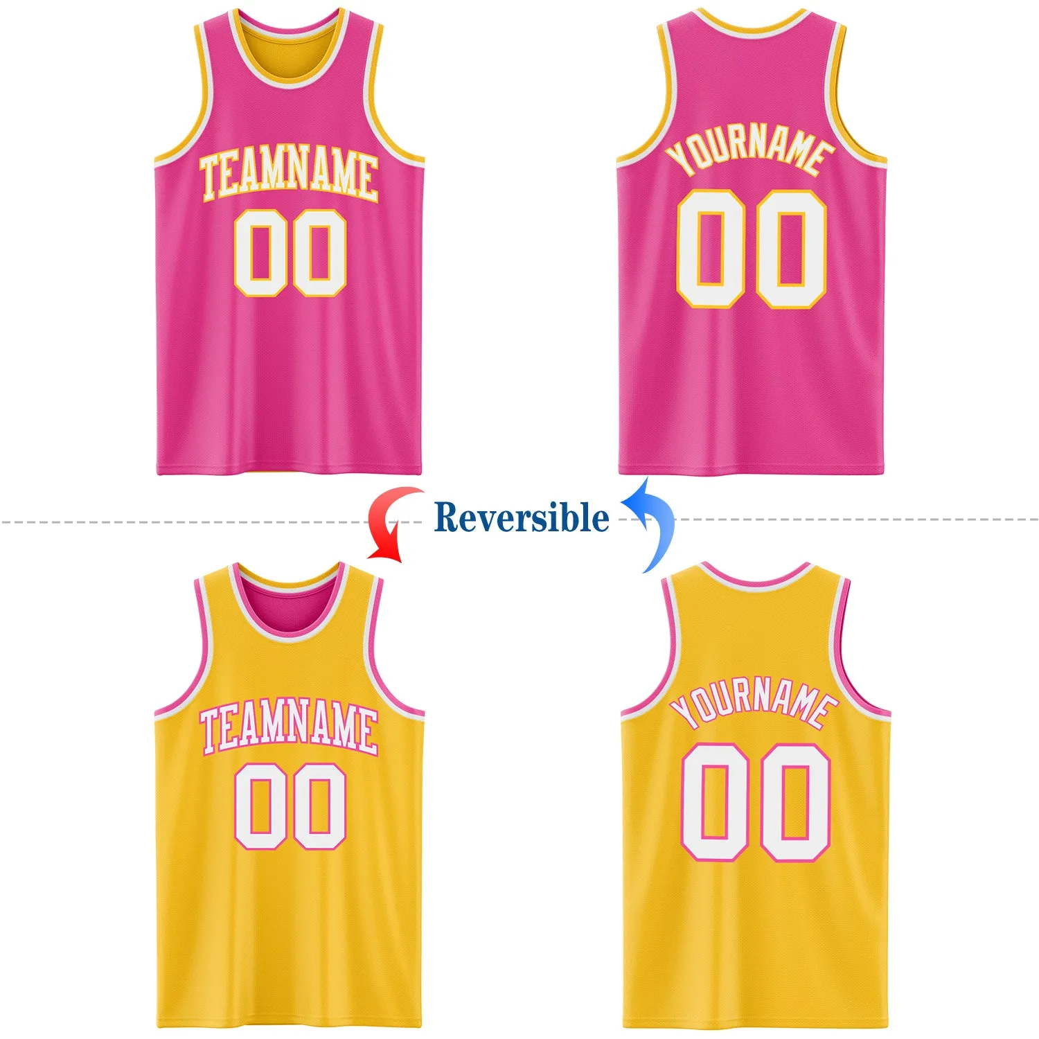 Custom Reversible Pink White-Gold Double Side Basketball Jersey