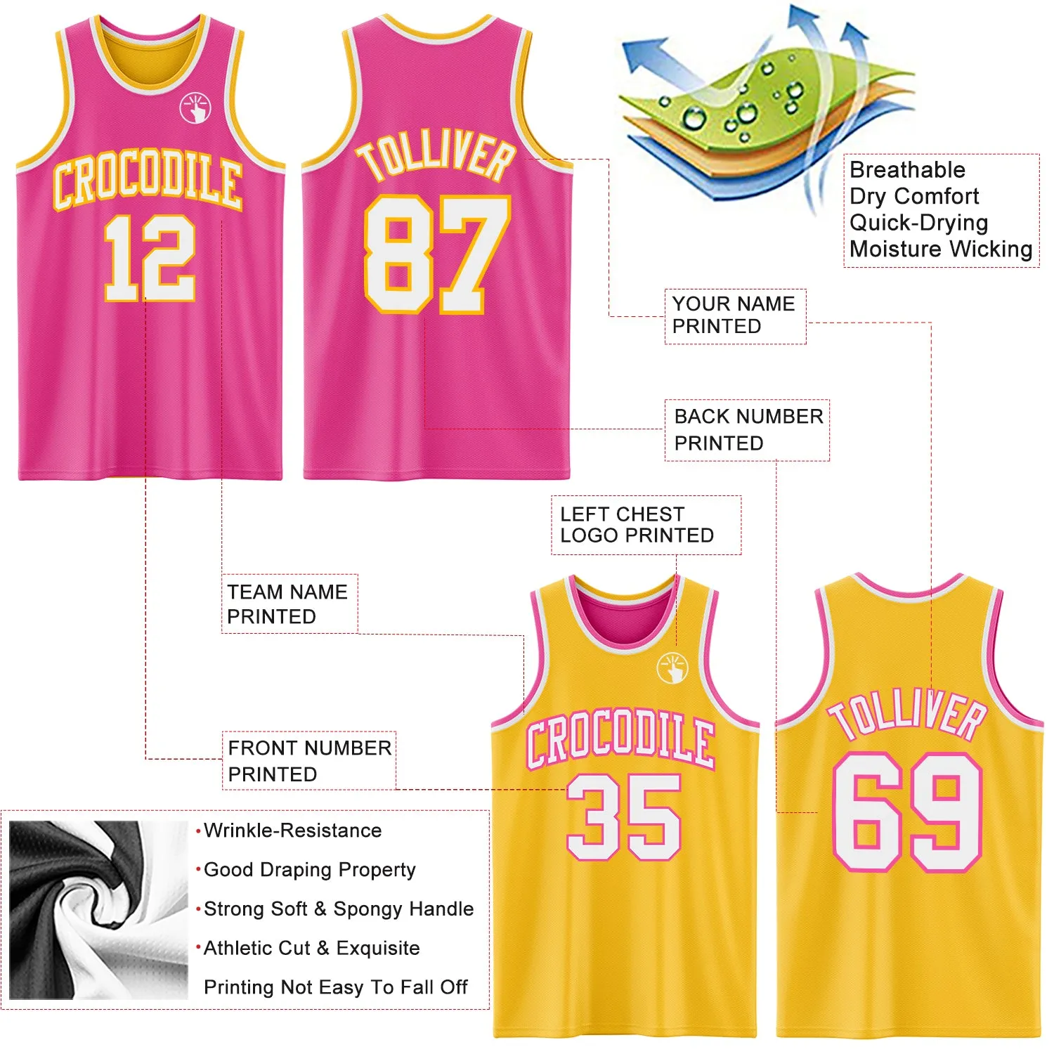 Custom Reversible Pink White-Gold Double Side Basketball Jersey