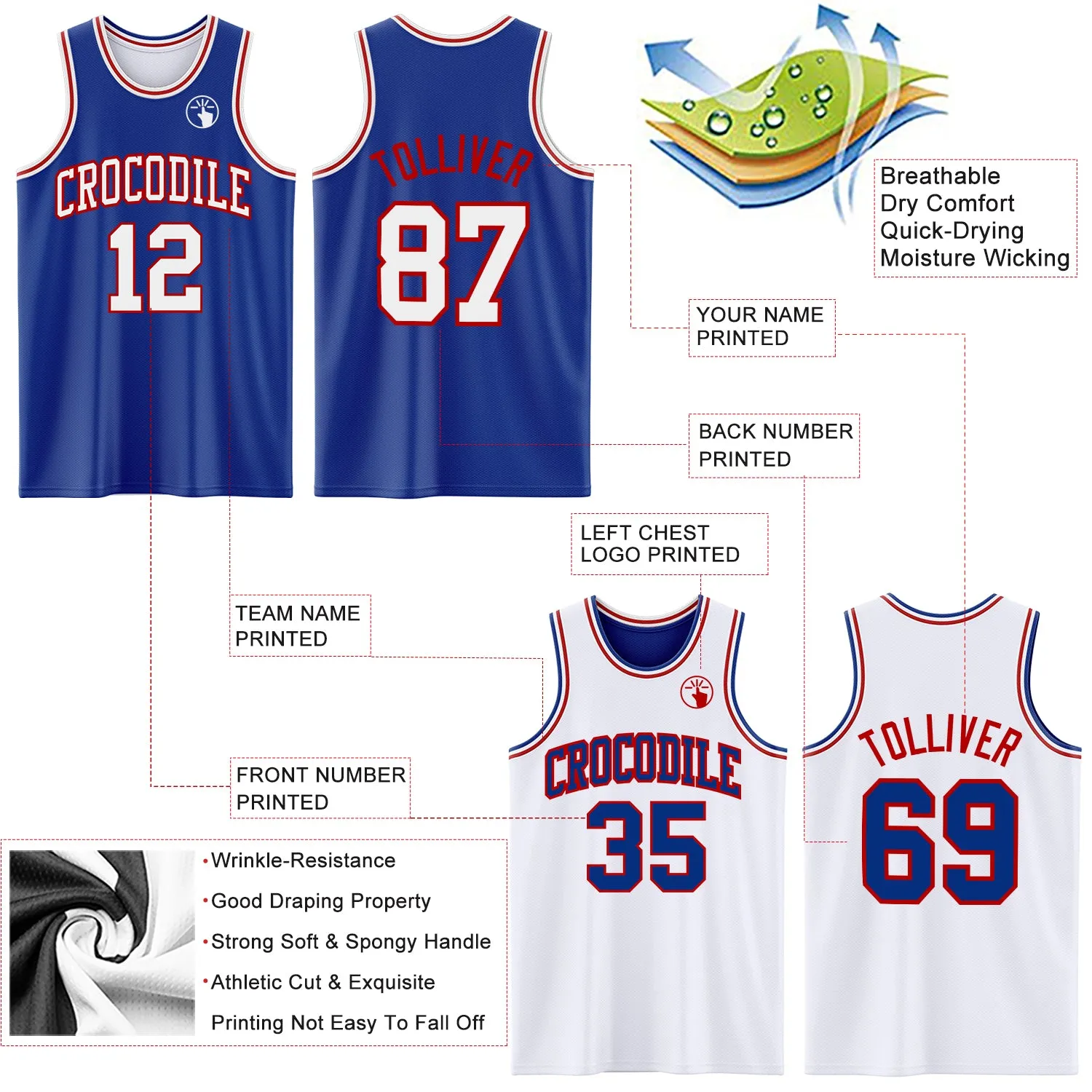 Custom Reversible Royal White-Red Double Side Basketball Jersey