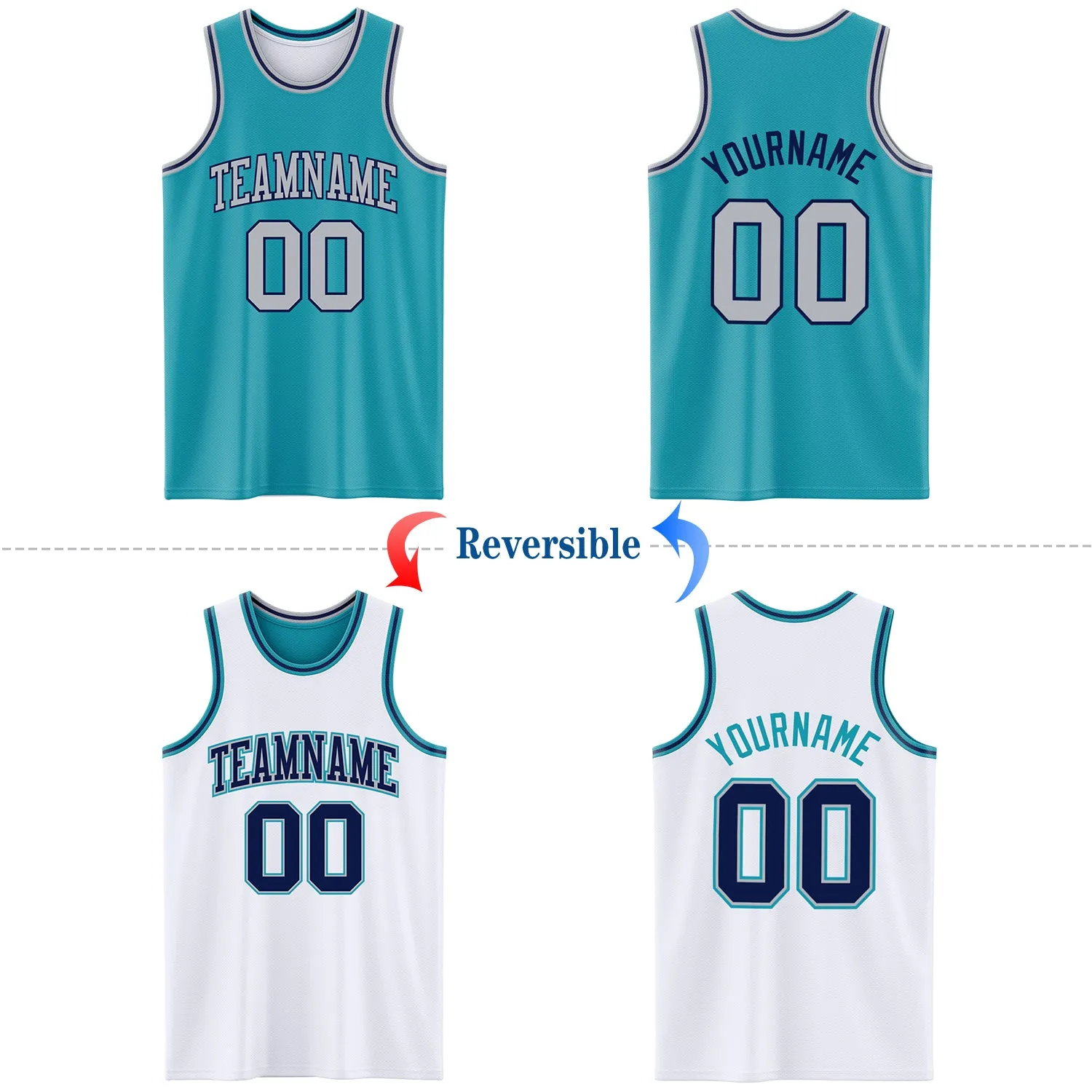 Custom Reversible Teal Gray-Navy Double Side Basketball Jersey