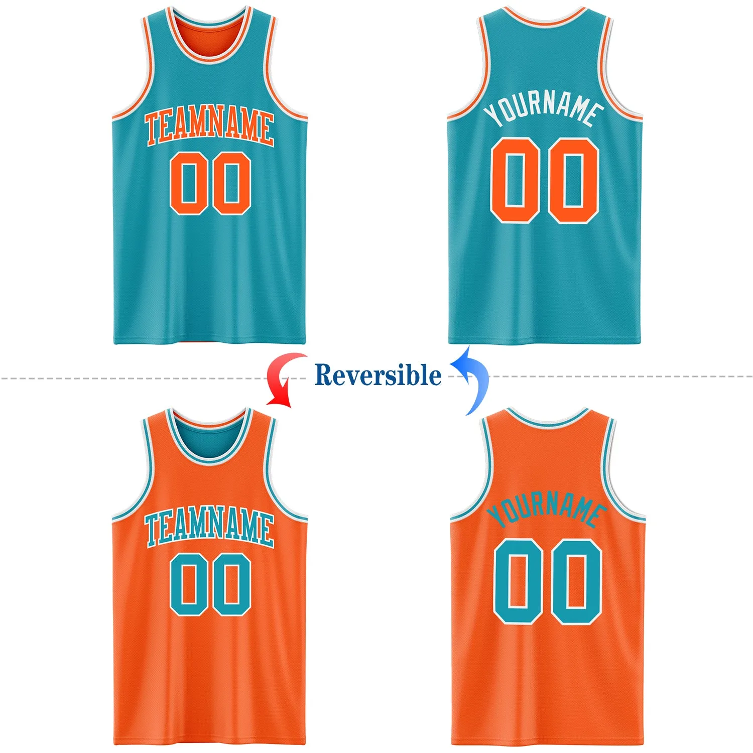 Custom Reversible Teal Orange-White Double Side Basketball Jersey