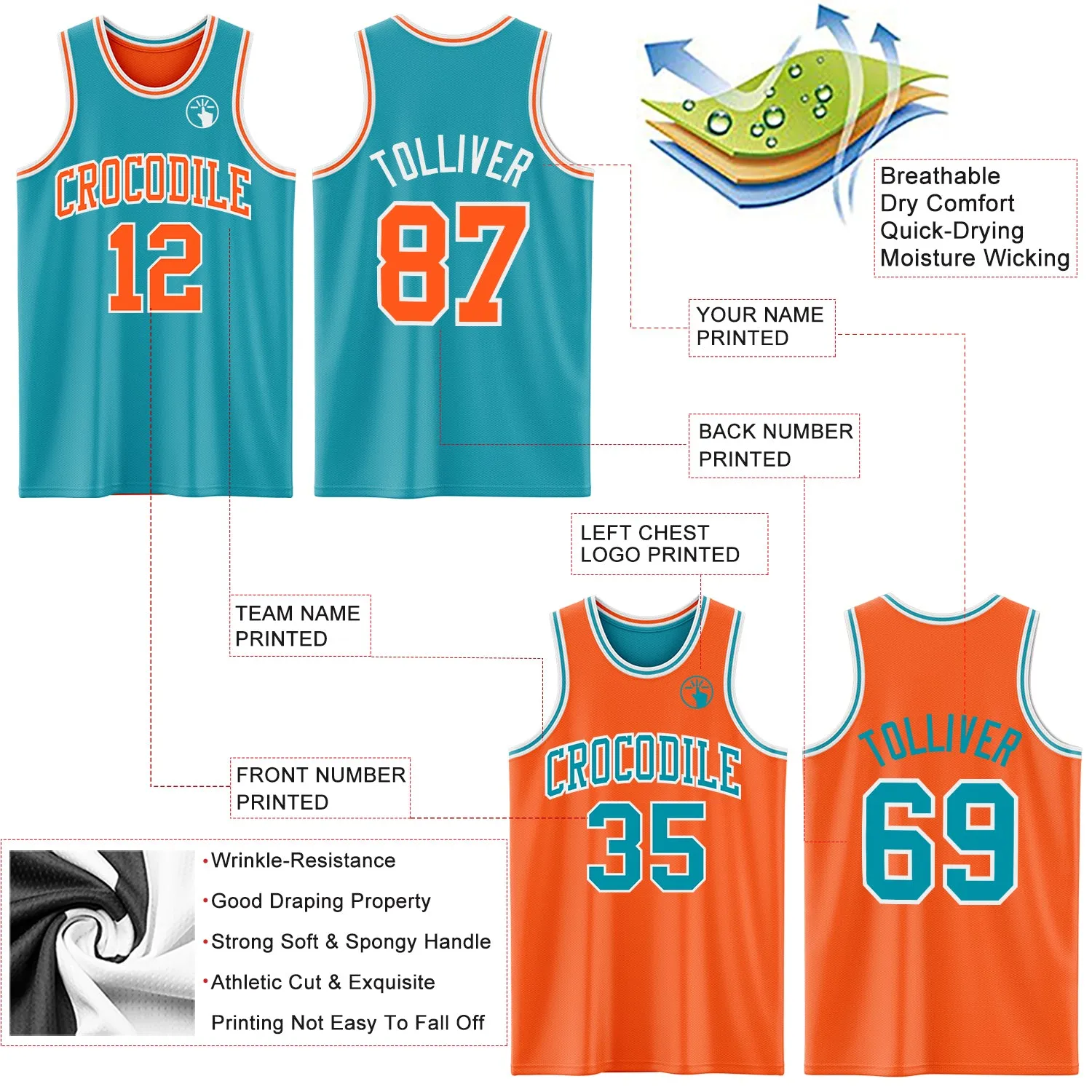 Custom Reversible Teal Orange-White Double Side Basketball Jersey
